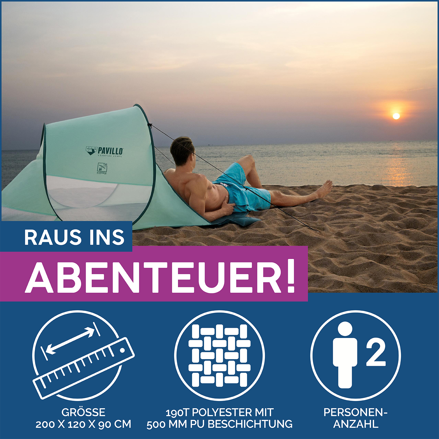 Pavillo™ Pop-Up Strandmuschel Beach Quick 2 200 x 120 x 90 cm 