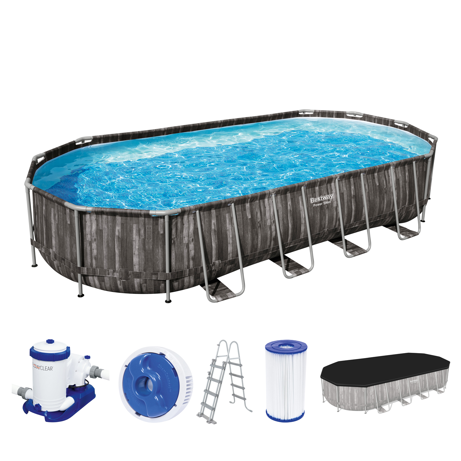 Power Steel™ Frame Pool Komplett-Set mit Filterpumpe 732 x 366 x 122 cm , Holz-Optik (Mooreiche), oval