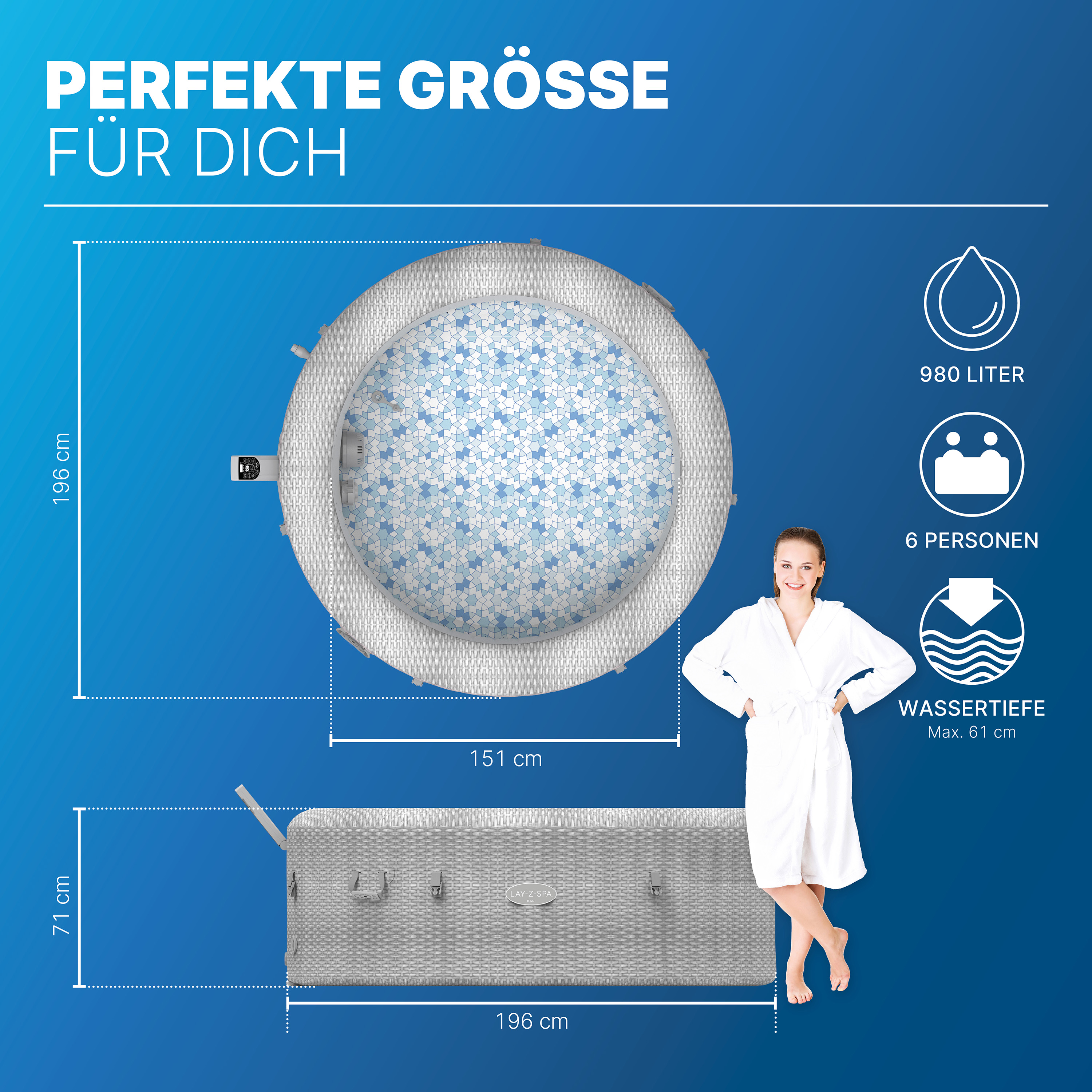 LAY-Z-SPA® Energiespar Whirlpool Bali AirJet™ mit App-Steuerung, Ø 196 x 71 cm, für 6 Personen, Rattan-Optik (Lichtgrau)
