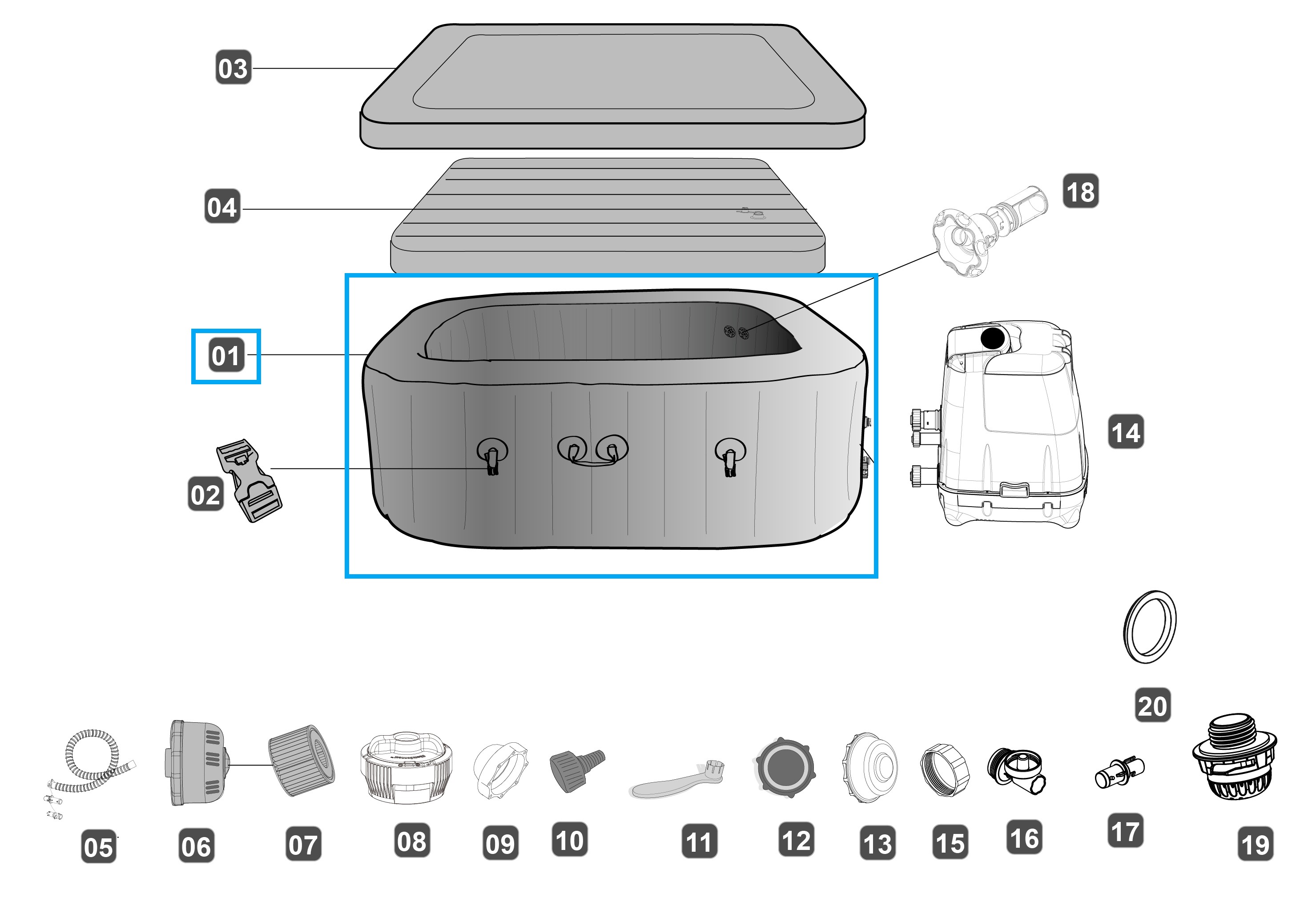 Bestway® Ersatzteil Liner (schiefergrau) LAY-Z-SPA® Hawaii HydroJet Pro™ 180x180x71 cm (2018-2020)