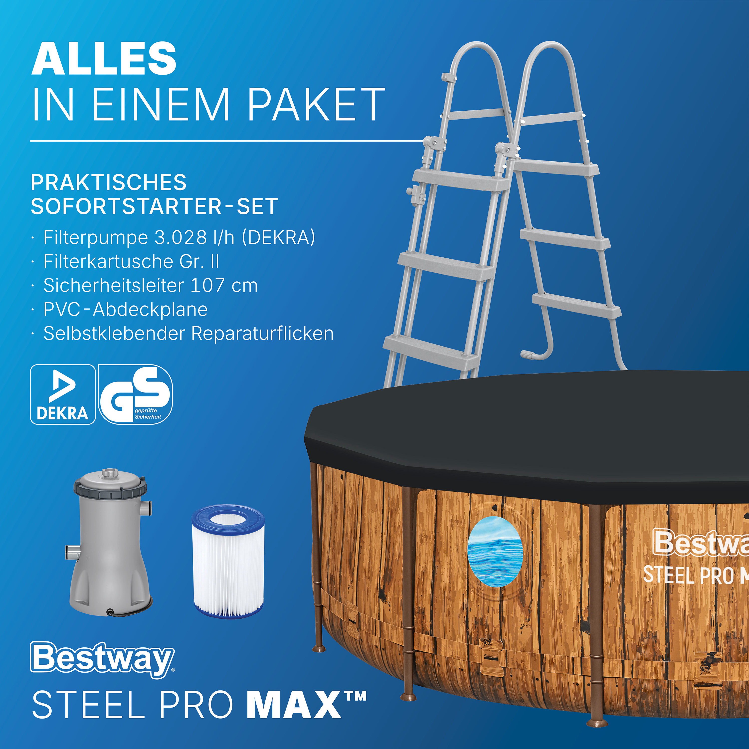 Steel Pro MAX™ Splashview™ Frame Pool Komplett Set mit Filterpumpe Ø 427 x 107 cm, Holz-Optik (Pinie), rund