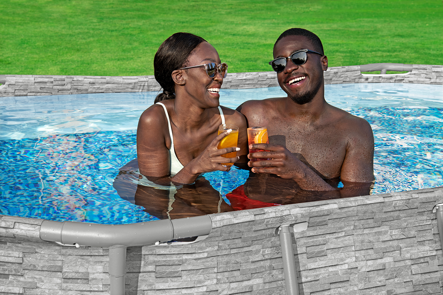 Steel Pro MAX™ Splashview™ Frame Pool Komplett-Set mit Filterpumpe 427 x 250 x 100 cm, Steinwand-Optik (Cremegrau), oval