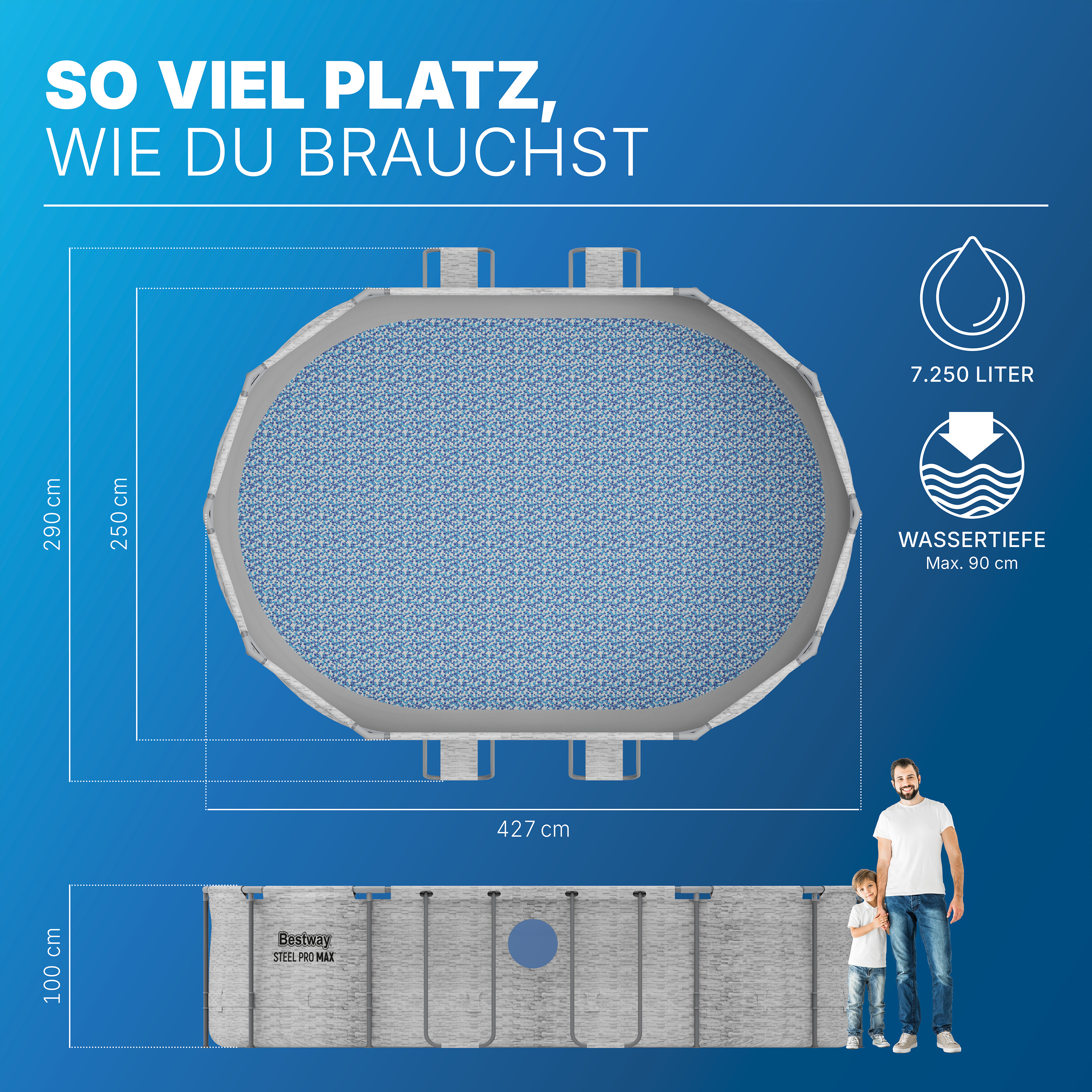 Steel Pro MAX™ Splashview™ Frame Pool Komplett Set mit Filterpumpe 427 x 250 x 100 cm, Steinwand-Optik (Cremegrau), oval