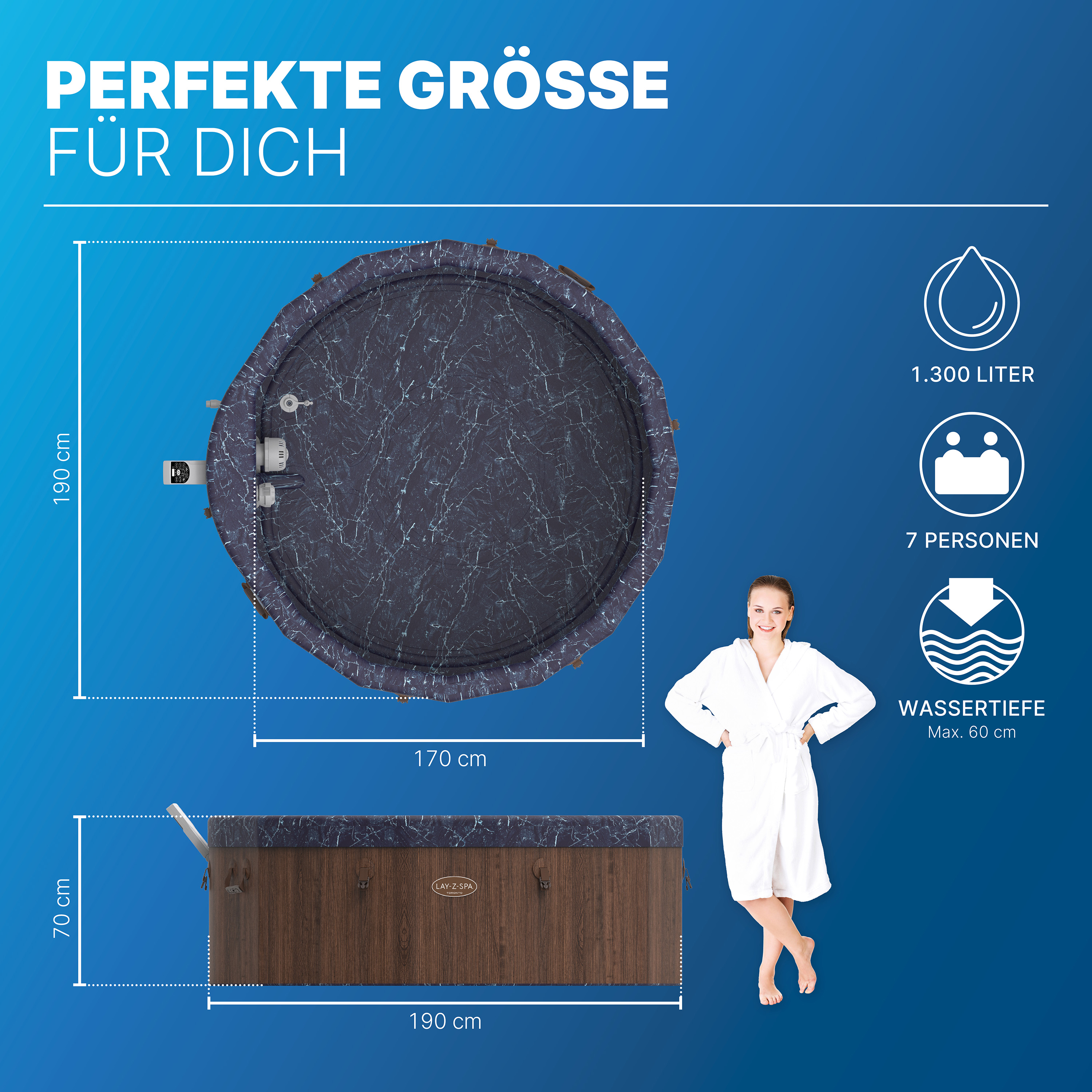 LAY-Z-SPA® Energiespar Whirlpool Toronto AirJet™ mit Schaumstoffpaneelen & App-Steuerung, für 7 Personen Ø 190 x 70 cm