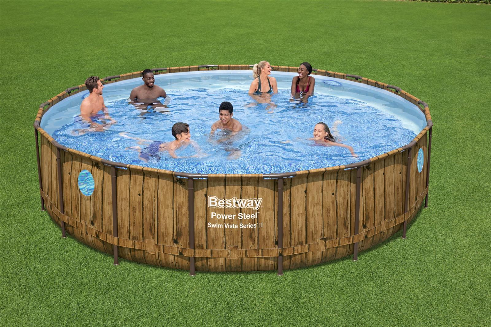Power Steel™ Swim Vista Series™ Frame Pool Komplett-Set mit Filterpumpe Ø 549 x 122 cm, Holz-Optik (Pinie), rund
