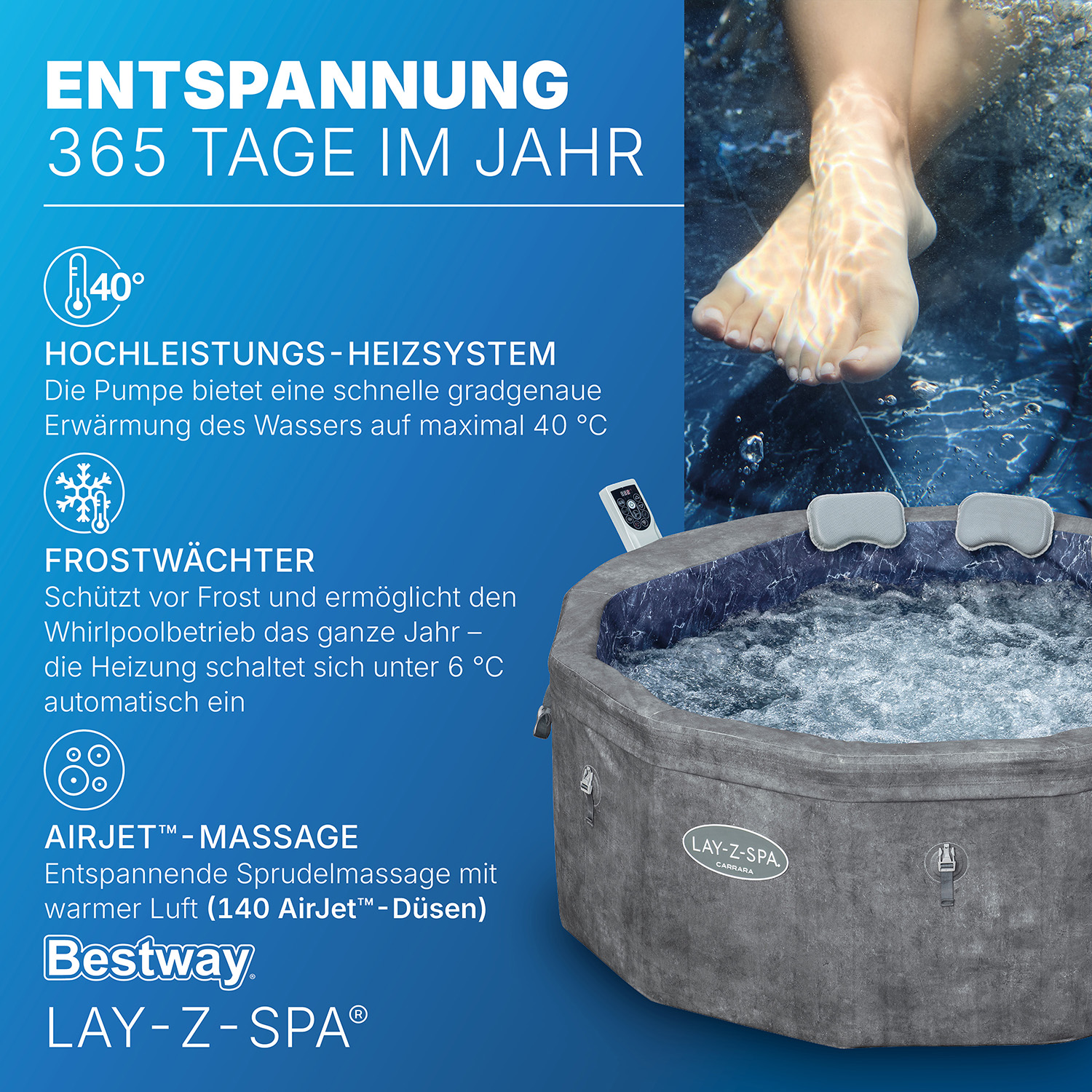 LAY-Z-SPA® Energiespar Whirlpool Carrara AirJet™ mit App-Steuerung, für 6 Personen, Ø 170 x 65 cm, Alabaster-Optik