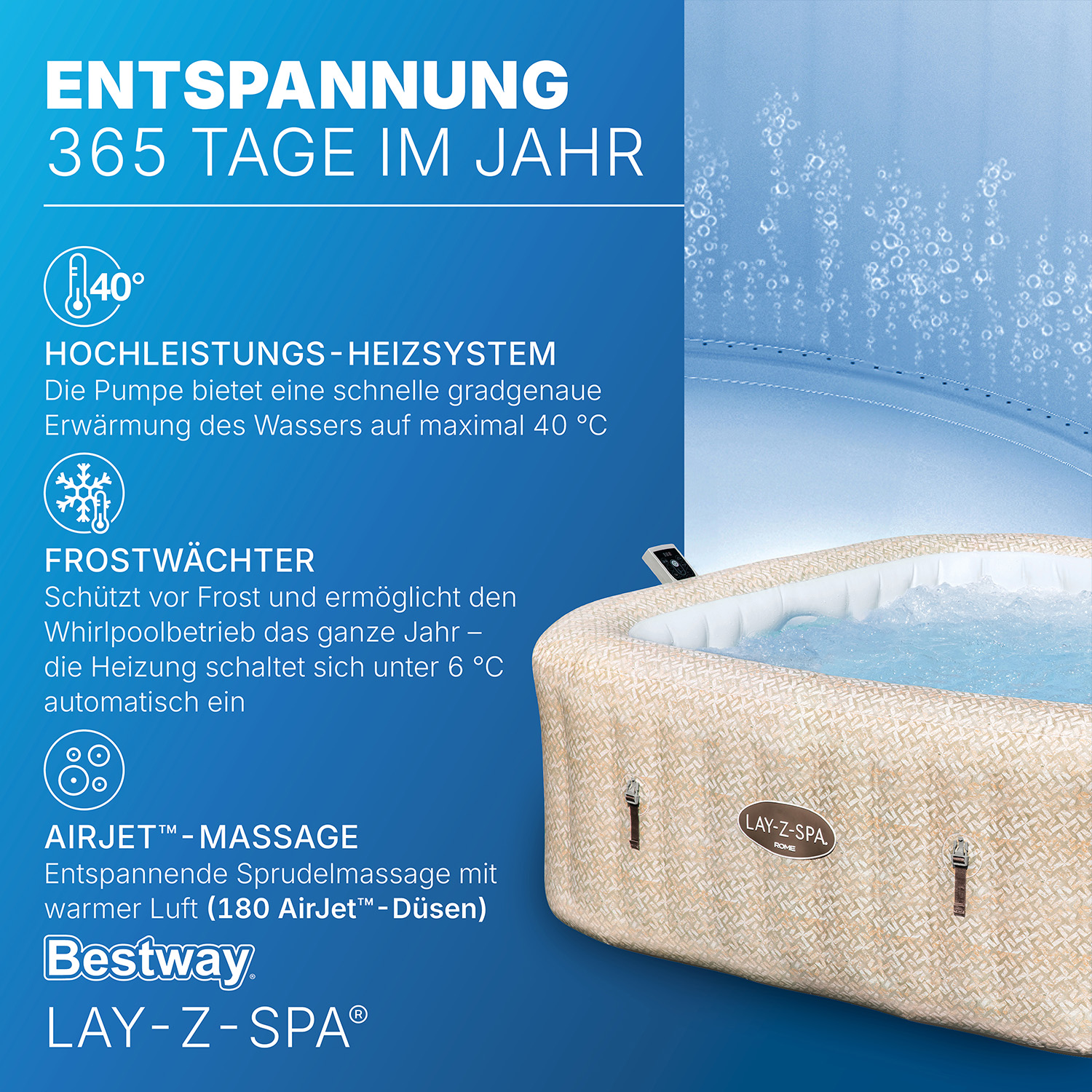 LAY-Z-SPA® Energiespar Whirlpool Rome AirJet™ mit App-Steuerung, für 7 Pers. 201 x 201 x 71 cm, Sandmarmor-Optik