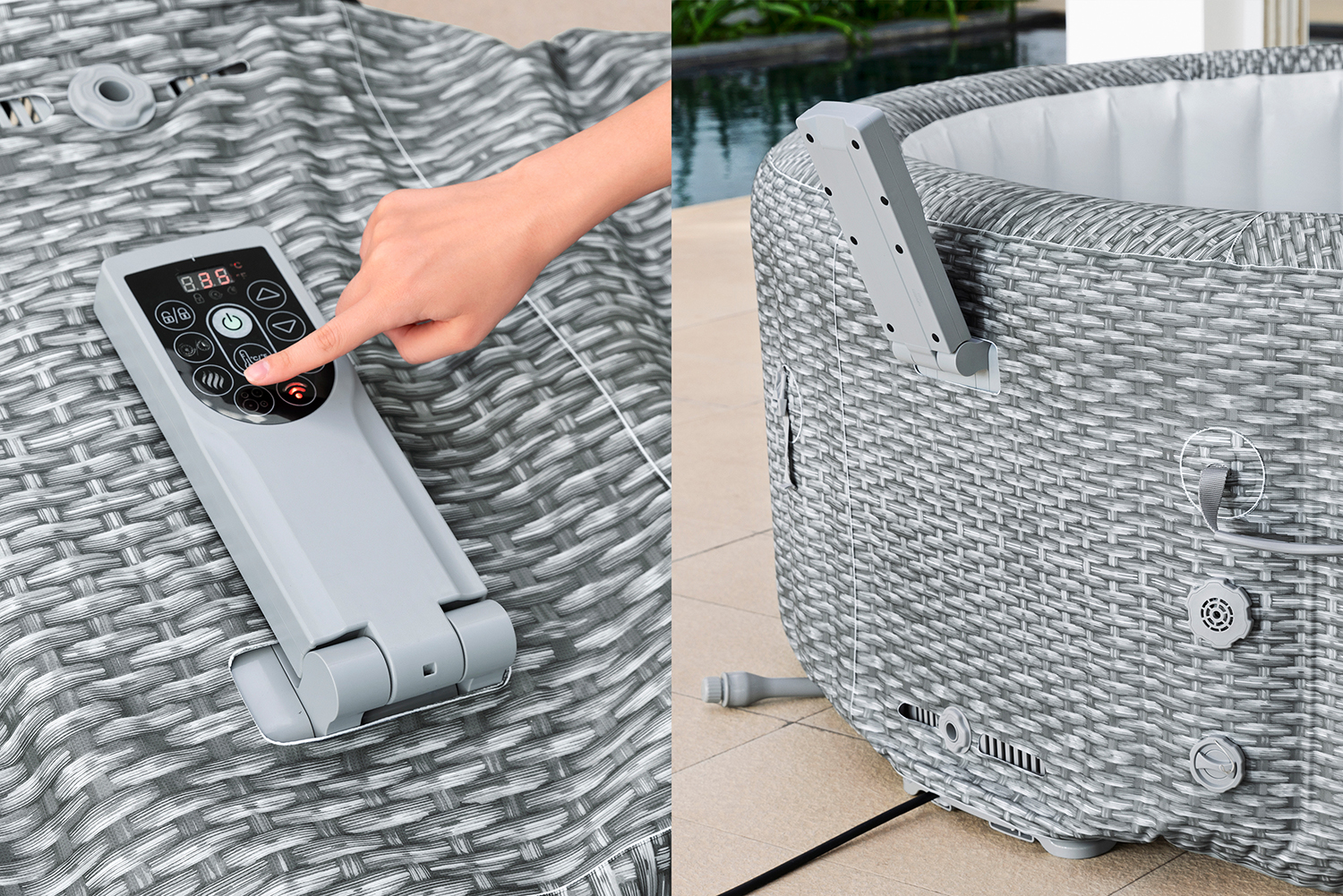 LAY-Z-SPA® Energiespar-Whirlpool Bali AirJet™ mit App-Steuerung, Ø 196 x 71 cm, für 6 Personen, Rattan-Optik (Lichtgrau)
