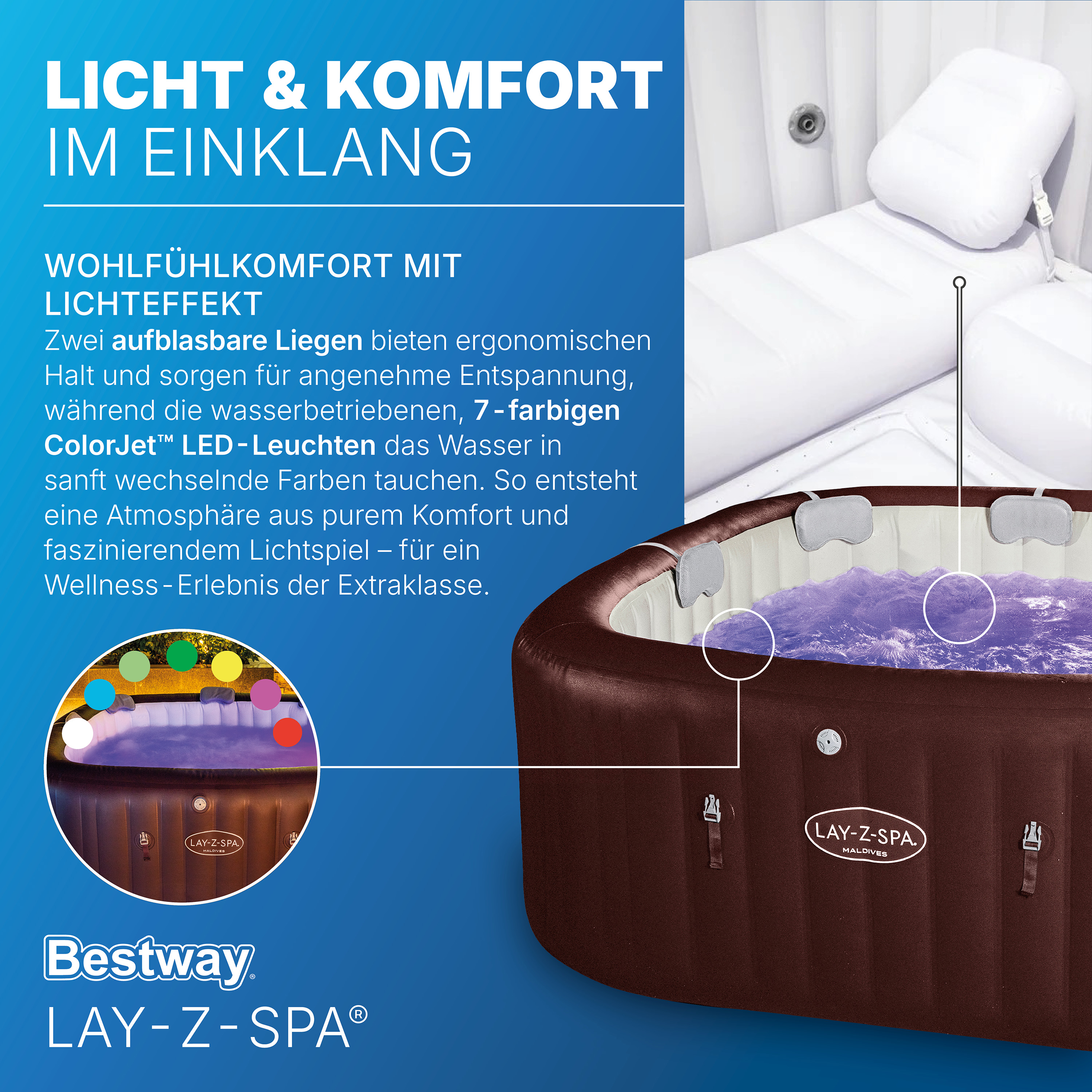 LAY-Z-SPA® WLAN-Whirlpool Maldives HydroJet Pro™ mit App-Steuerung, für 7 Personen 201 x 201 x 80 cm, Mahagoni