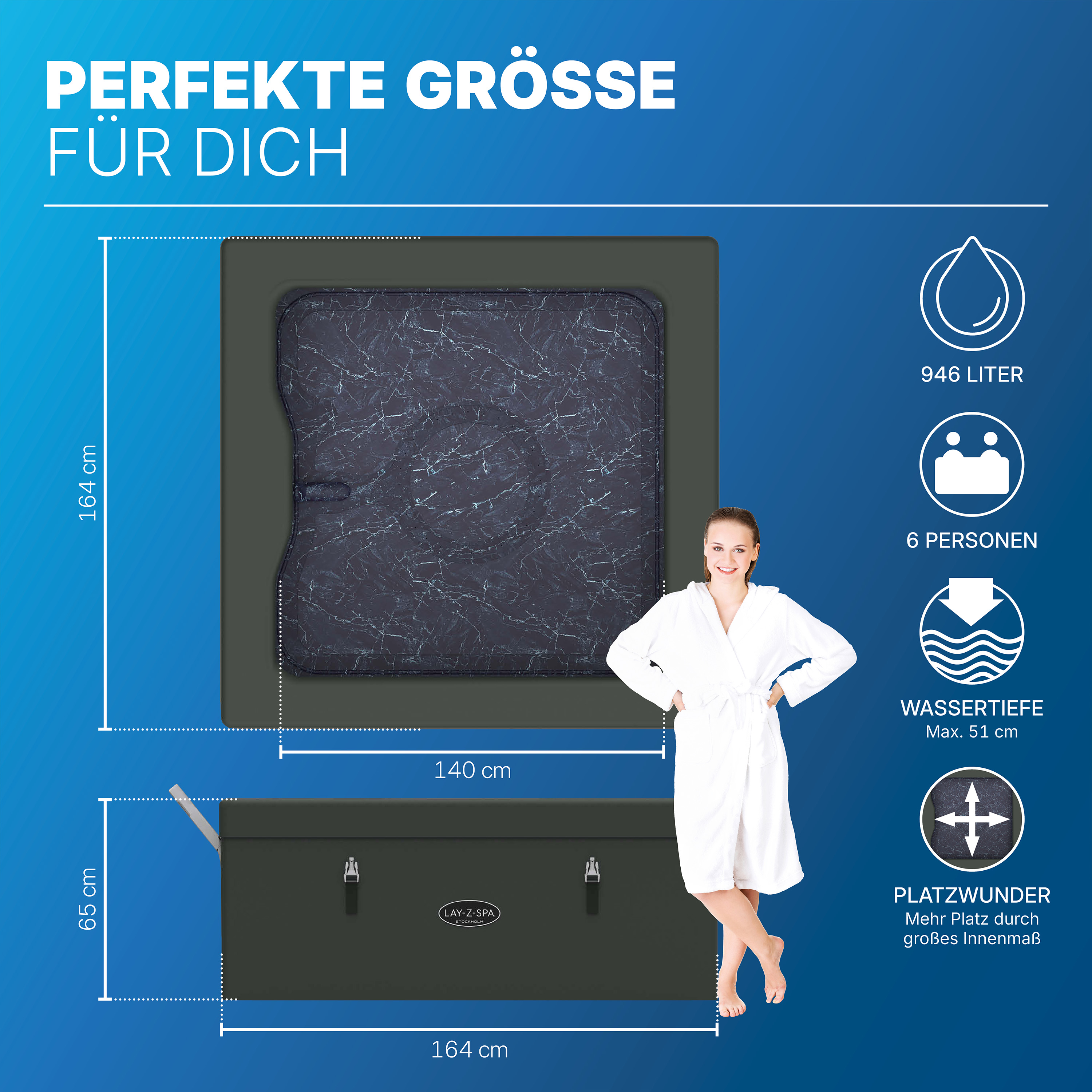 LAY-Z-SPA® ThermaCore™ WLAN-Whirlpool Stockholm AirJet™ mit App-Steuerung, für 6 Personen, 164 x 164 x 65 cm, eckig