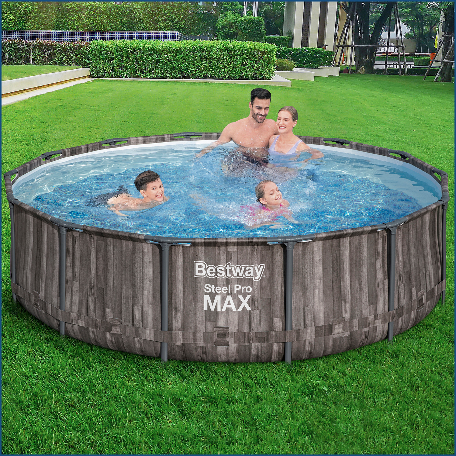 Steel Pro MAX™ Frame Pool-Set mit Filterpumpe Ø 366 x 100 cm, Holz-Optik (Mooreiche), rund