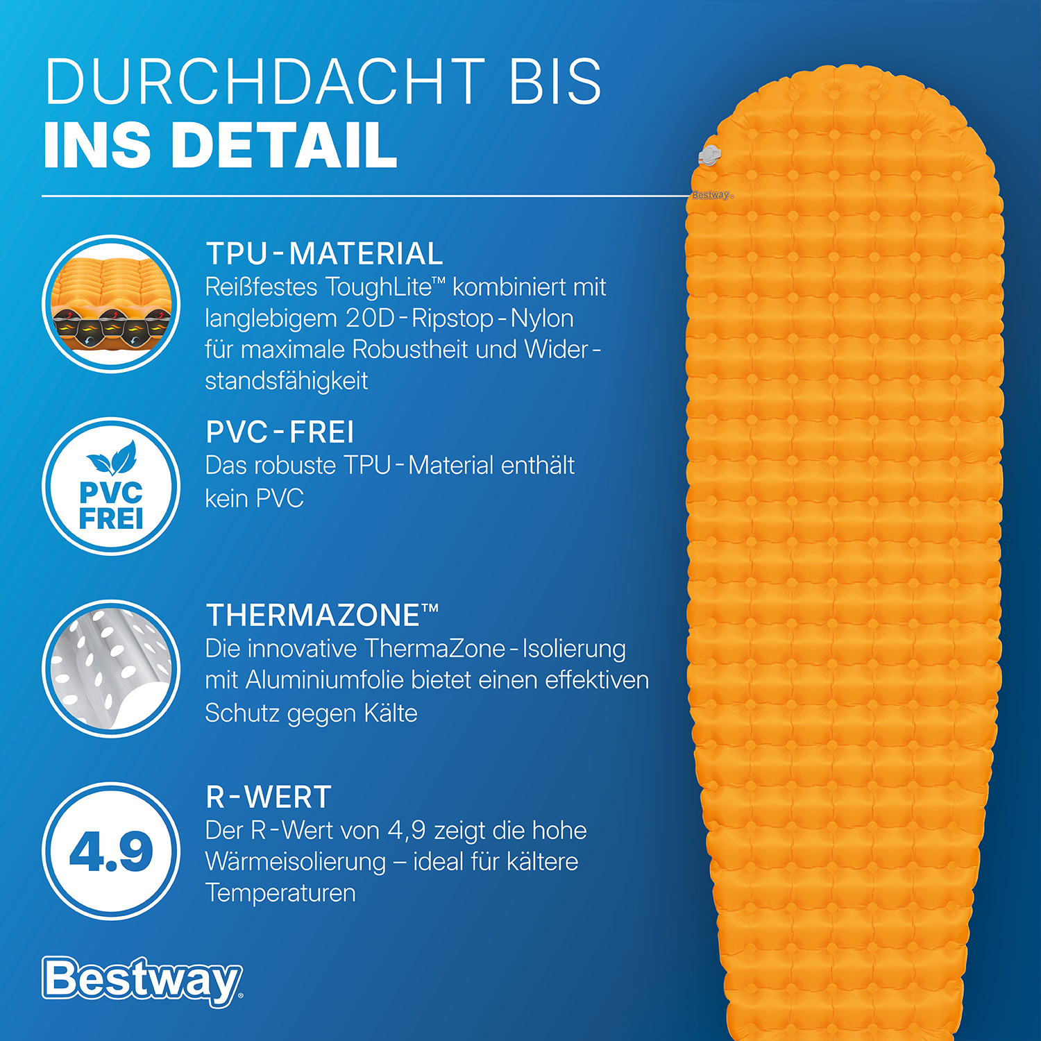 Aufblasbare Single TPU Isomatte Ridgelite™ für Mumienschlafsäcke 183 x 51 x 7,5 cm