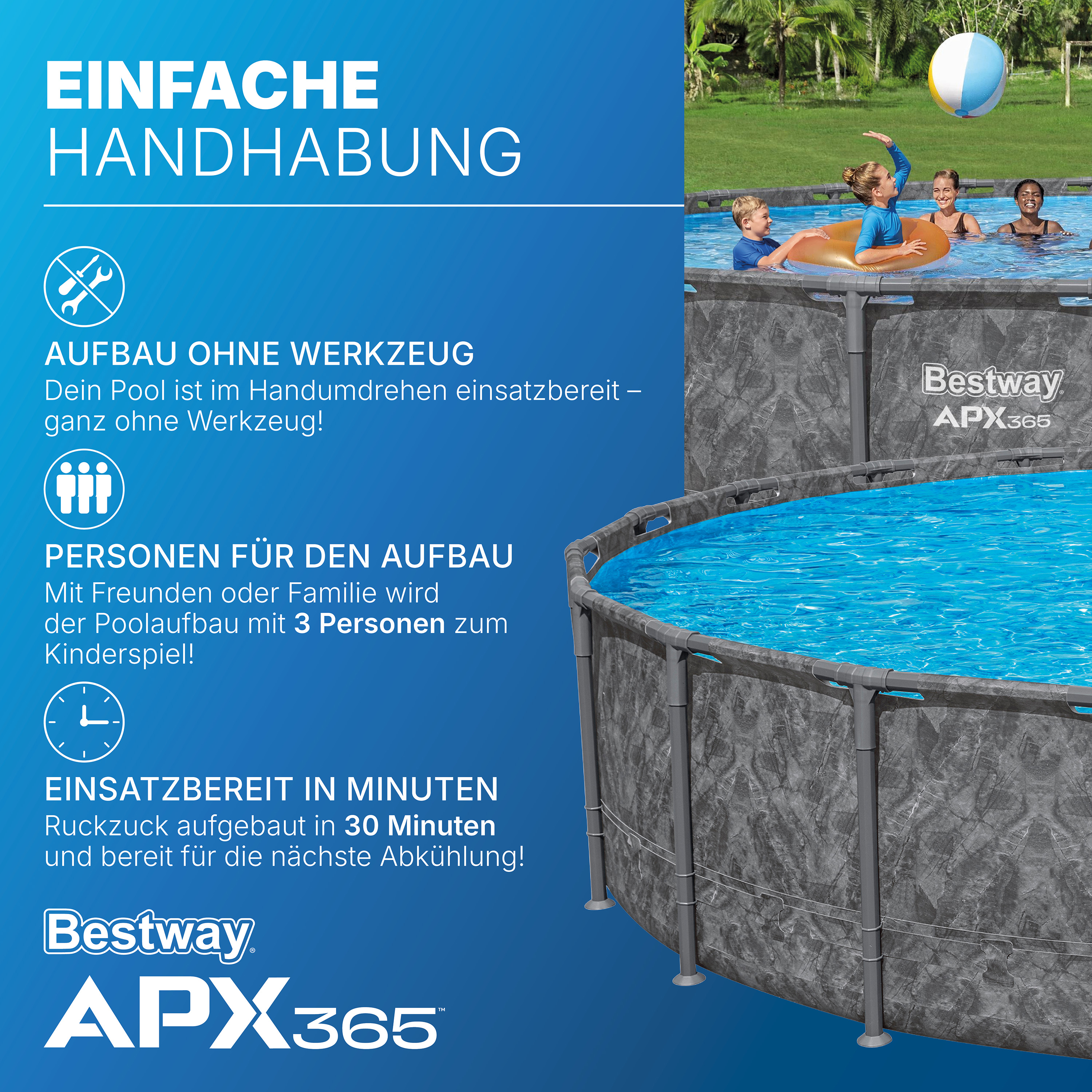 APX365™ Winterfestes Frame Pool Komplett Set mit Sandfilteranlage Ø 610 x 132 cm, Marmor-Optik (Dunkel), rund
