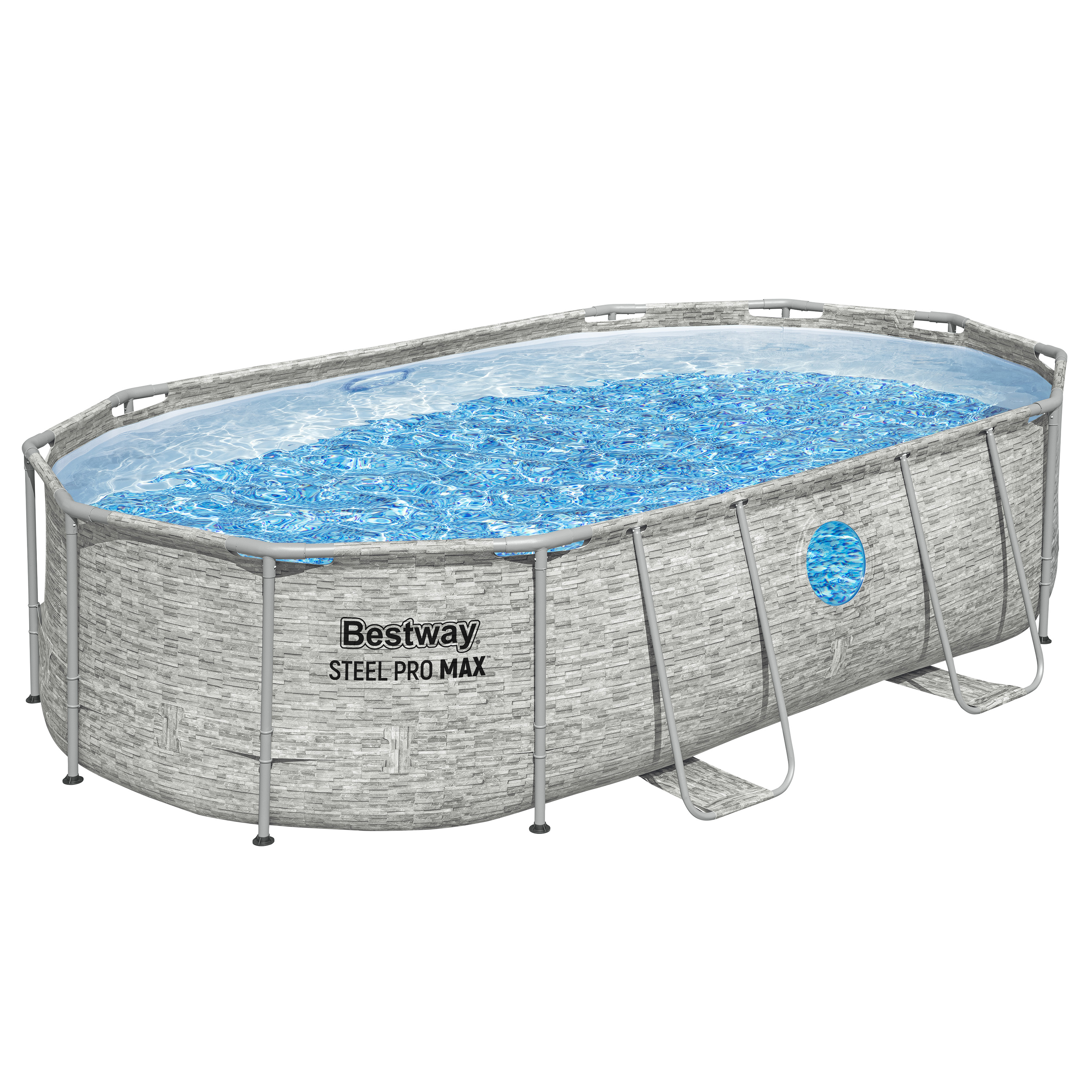 Steel Pro MAX™ Splashview™ Frame Pool Komplett Set mit Sandfilteranlage 488 x 305 x 107 cm , Steinwand-Optik (Cremegrau), oval