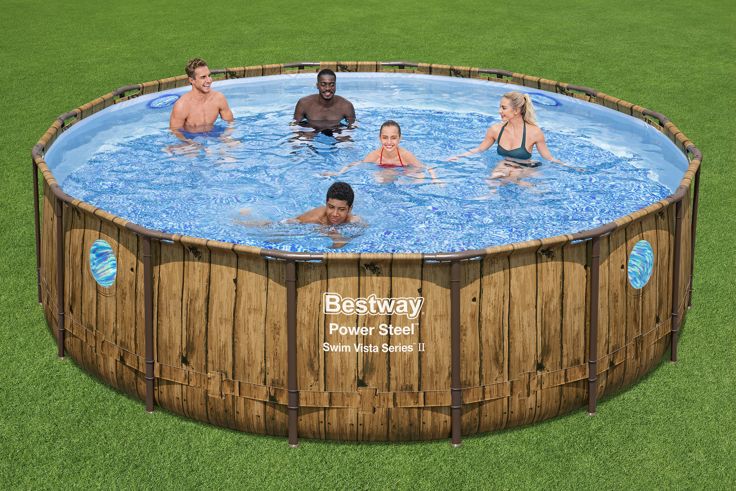 Power Steel™ Swim Vista Series™ Frame Pool Komplett Set mit Filterpumpe Ø 488 x 122 cm, Holz-Optik (Pinie), rund