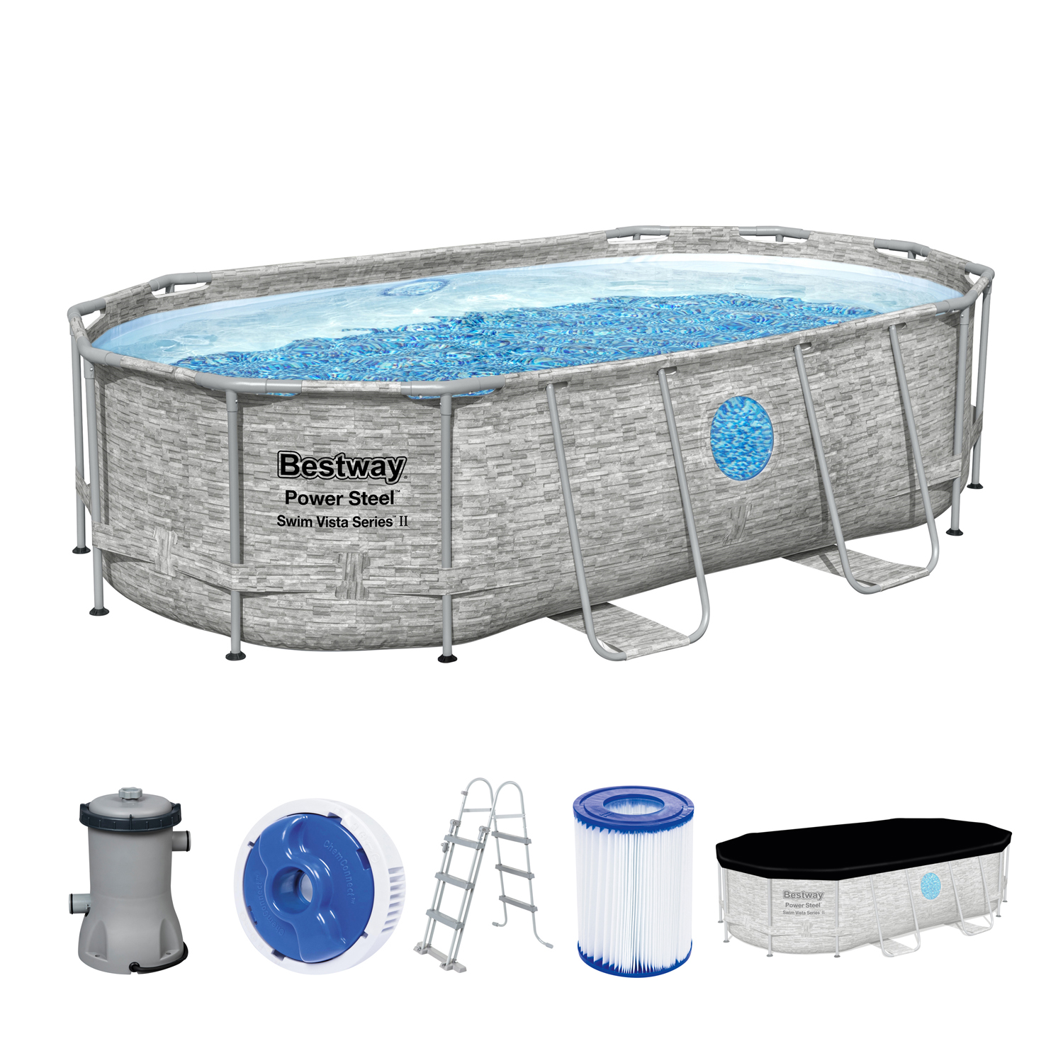 Power Steel™ Swim Vista Series™ Frame Pool Komplett-Set mit Filterpumpe 427 x 250 x 100 cm, Steinwand-Optik (Cremegrau), oval