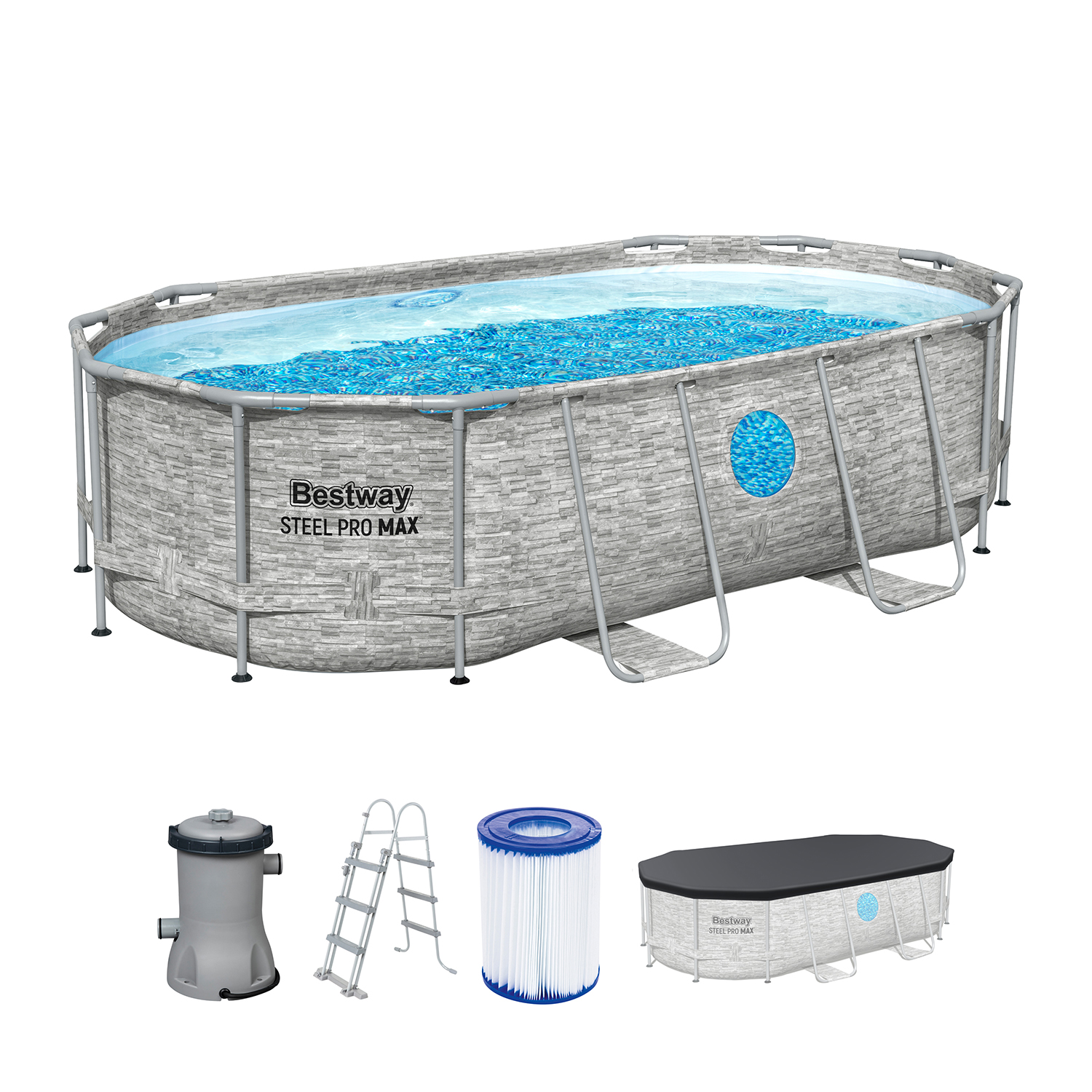 Steel Pro MAX™ Splashview™ Frame Pool Komplett-Set mit Filterpumpe 427 x 250 x 100 cm, Steinwand-Optik (Cremegrau), oval
