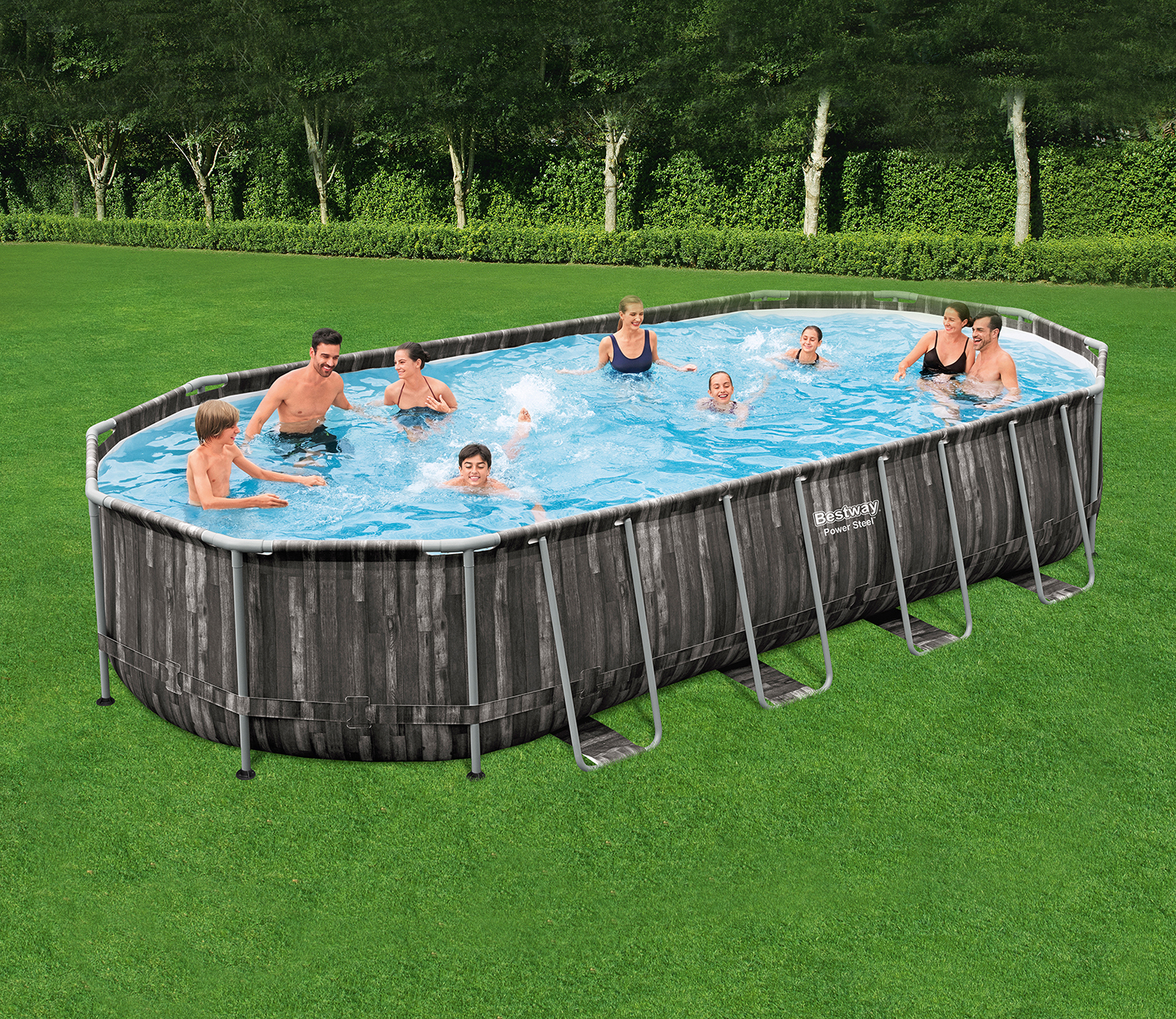 Power Steel™ Frame Pool Komplett-Set mit Filterpumpe 732 x 366 x 122 cm , Holz-Optik (Mooreiche), oval