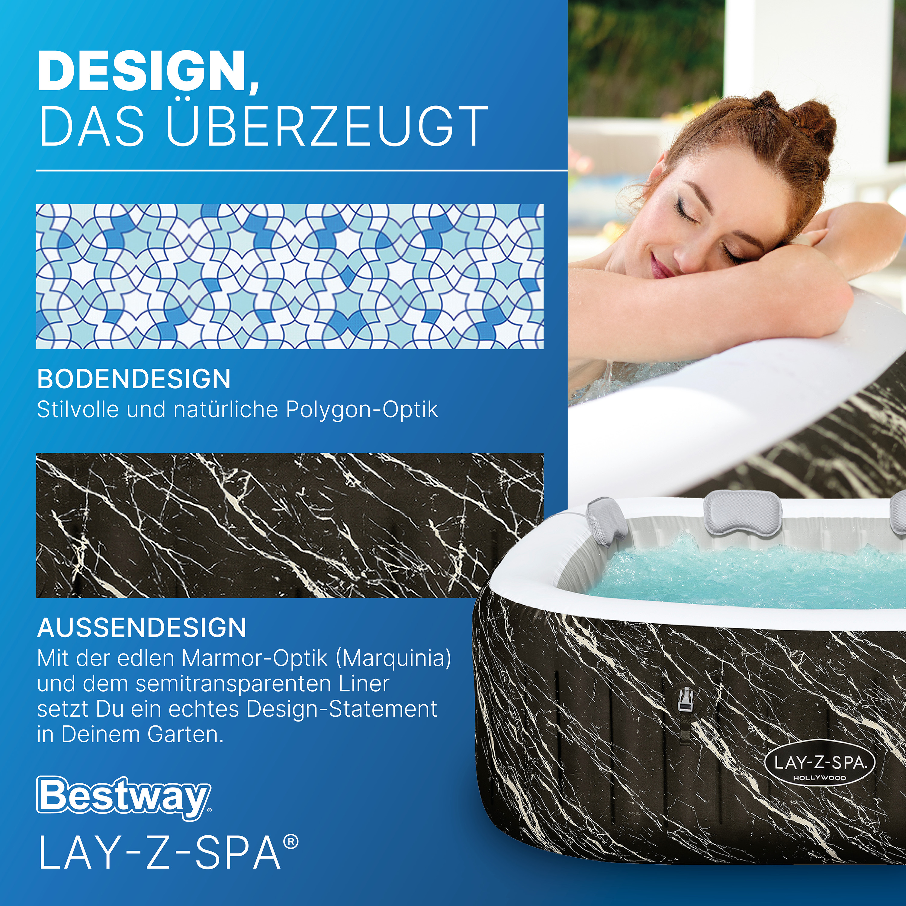 LAY-Z-SPA® LED Whirlpool Hollywood AirJet™ für 6 Personen 180 x 180 x 66 cm, Marmor-Optik (Marquinia)