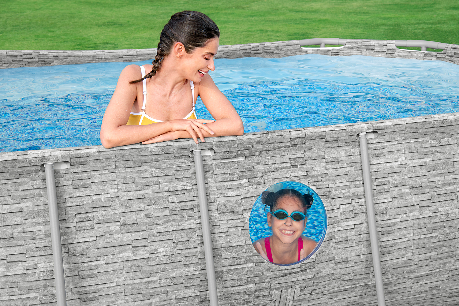 Steel Pro MAX™ Splashview™ Frame Pool Komplett-Set mit Filterpumpe 427 x 250 x 100 cm, Steinwand-Optik (Cremegrau), oval