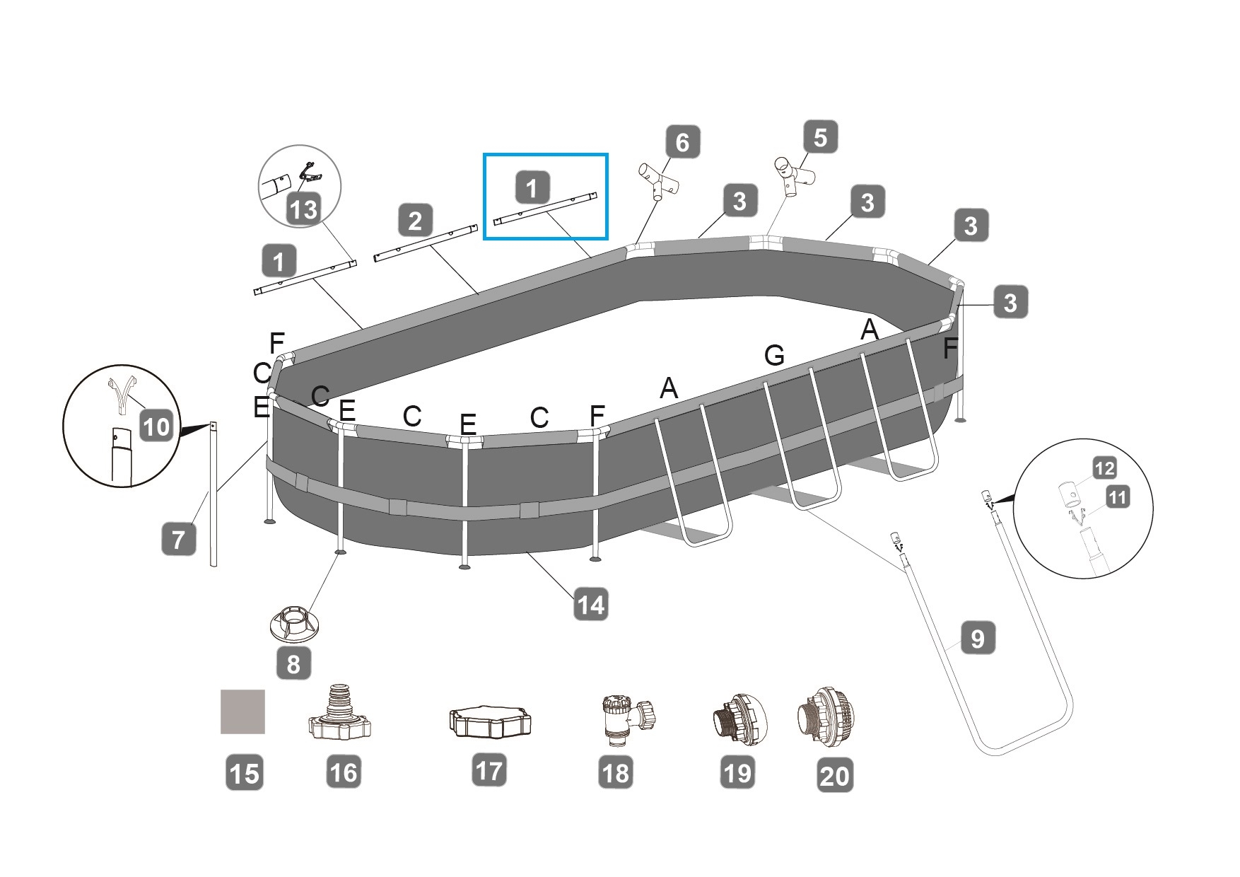 Bestway® Spare Part Top rail A (brown) for Power Steel™ frame pool 549 x 274 x 122 cm, oval