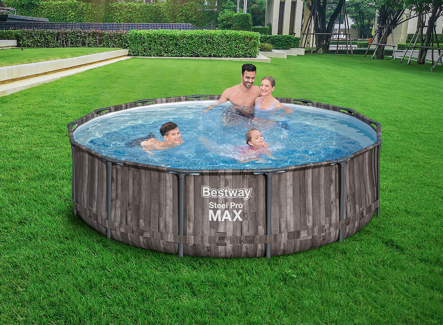 Steel Pro MAX™ Frame Pool Set mit Filterpumpe Ø 366 x 100 cm, Holz-Optik (Mooreiche), rund Steel Pro MAX™ Frame Pool Set mit Filterpumpe Ø 366 x 100 cm, Holz-Optik (Mooreiche), rund