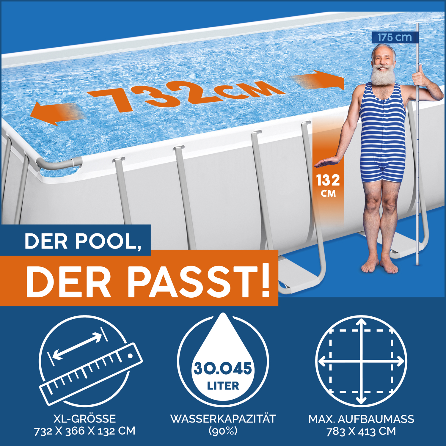 Power Steel™ Frame Pool Komplett-Set mit Filterpumpe 732 x 366 x 132 cm , lichtgrau, eckig