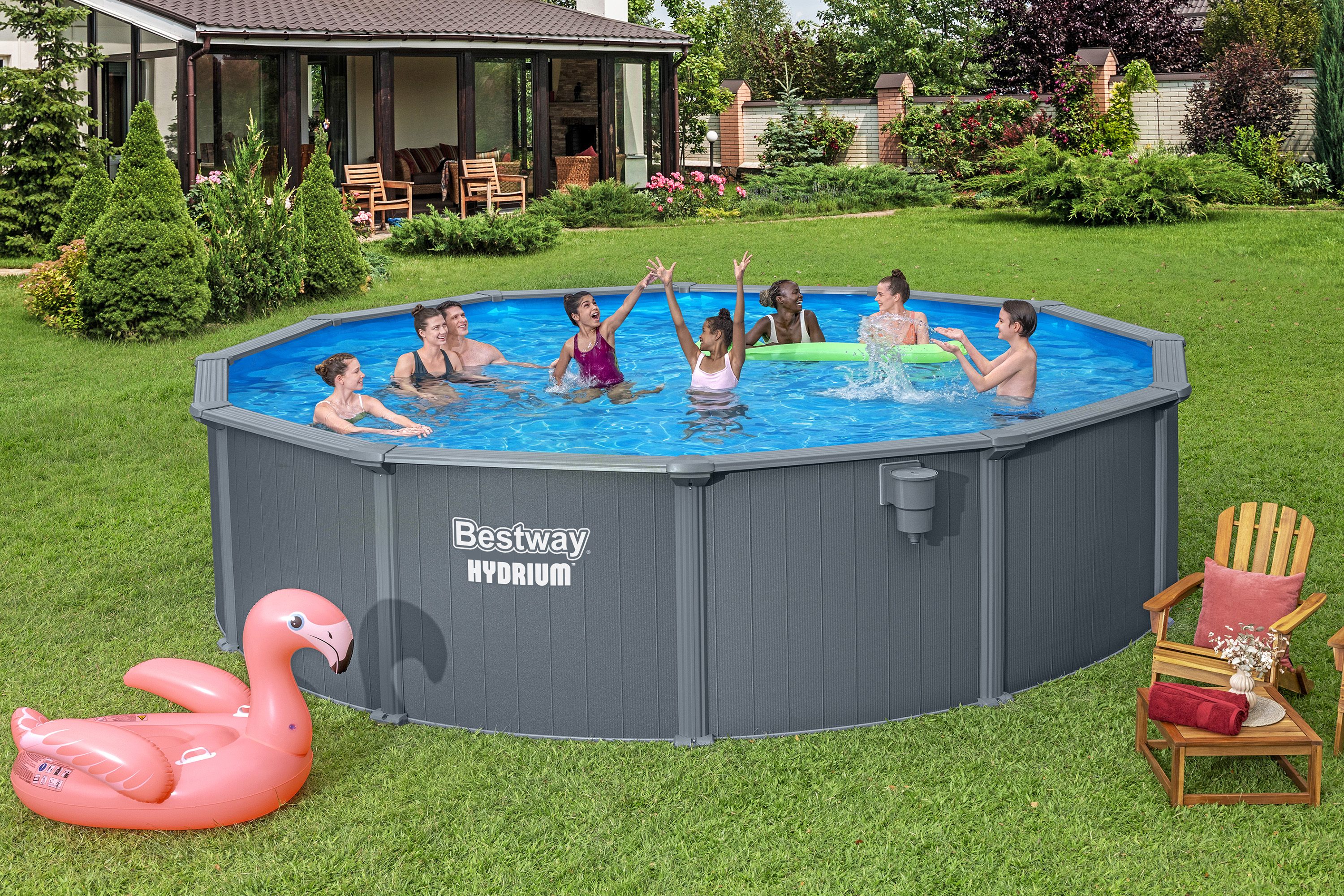 Hydrium™ Stahlwandpool Komplett Set mit Sandfilteranlage Ø 549 x 132 cm, Holz Optik (Grau), rund