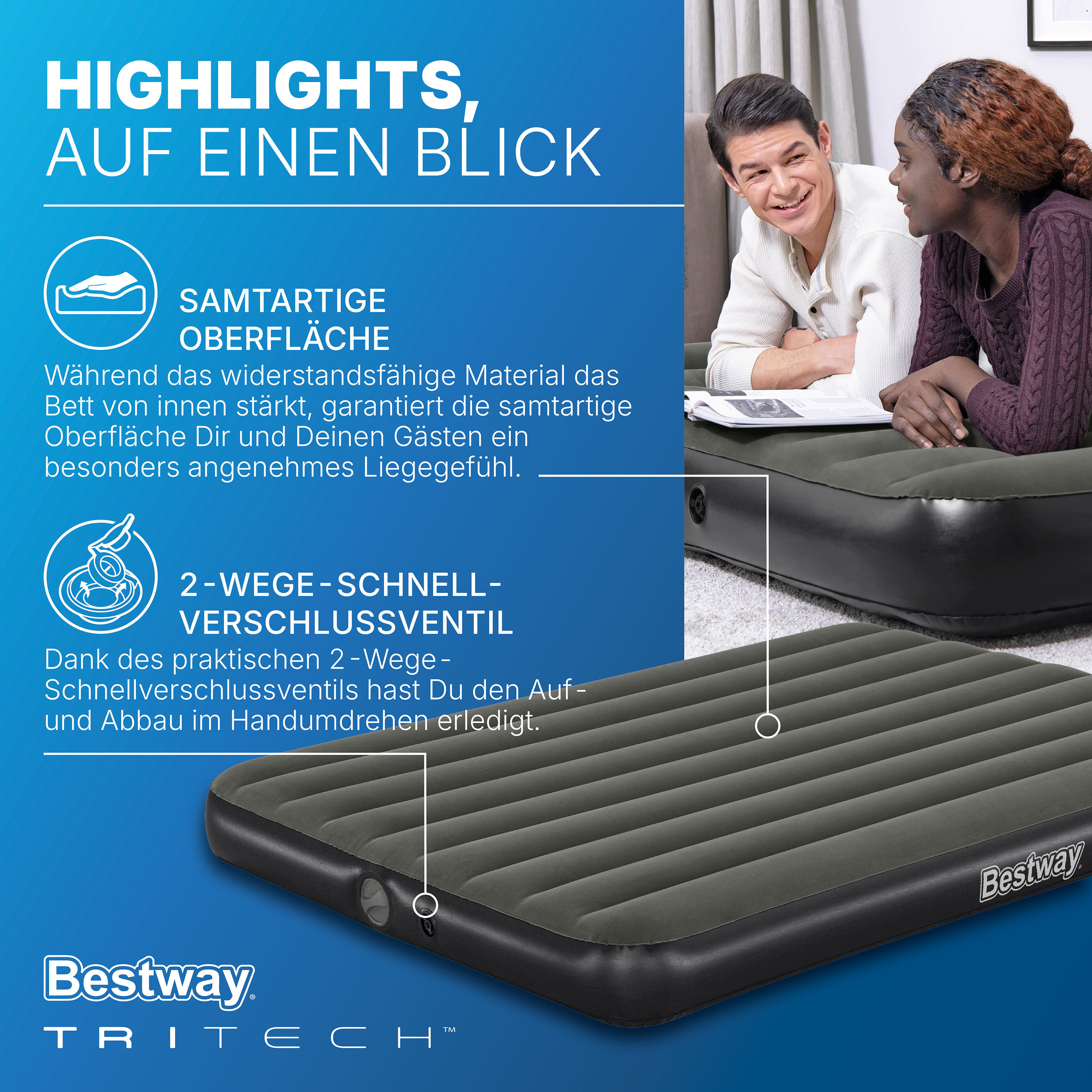 TriTech® Doppelluftbett mit mobiler, akkubetriebener Elektropumpe 203 x 152 x 25 cm