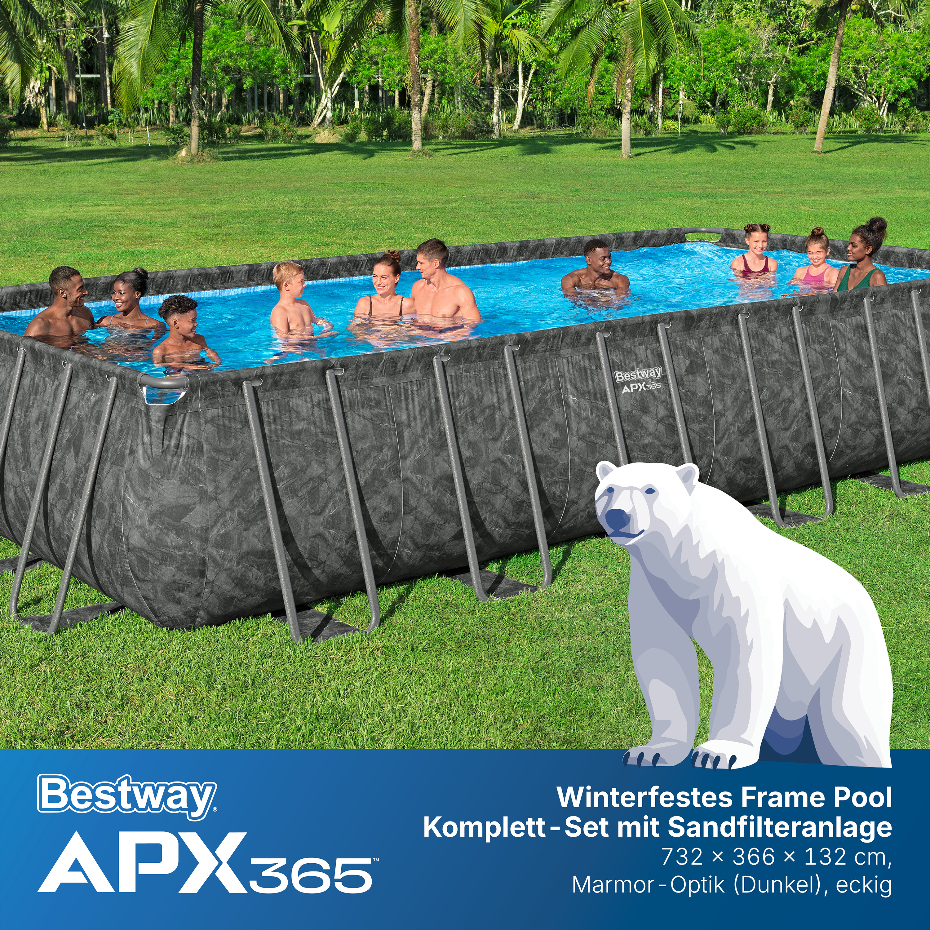 APX365™ Winterfestes Frame Pool Komplett Set mit Sandfilteranlage 732 x 366 x 132 cm, Marmor-Optik (Dunkel), eckig