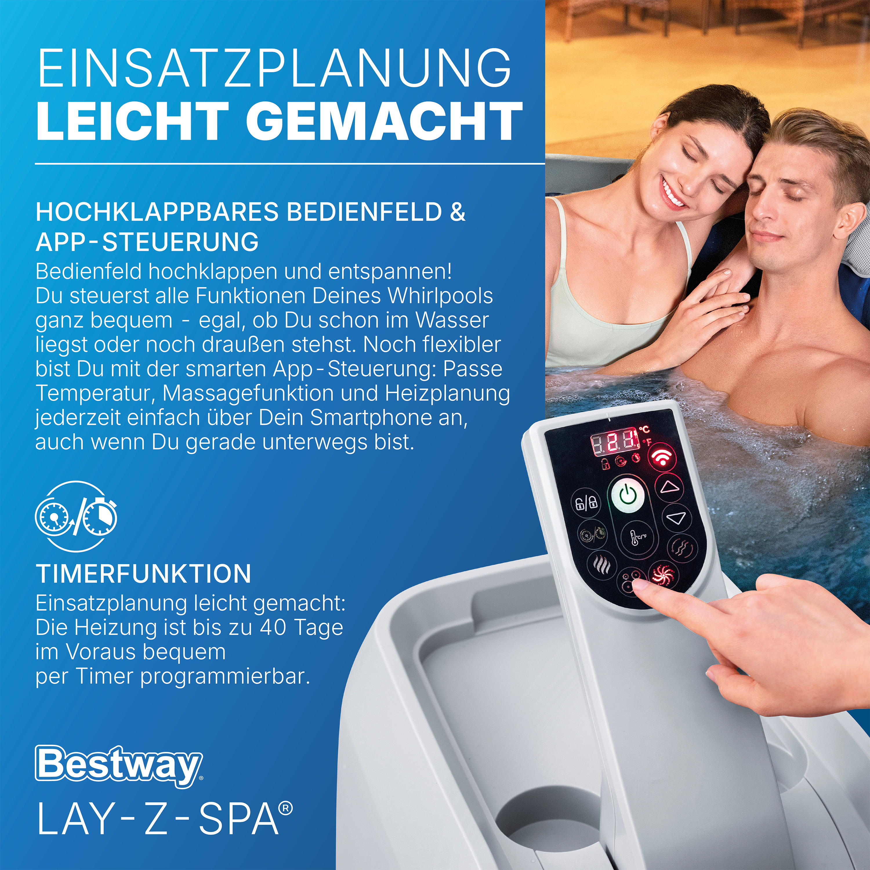 LAY-Z-SPA® WLAN-Whirlpool Santorini HydroJet Pro™ mit App-Steuerung, für 7 Personen Ø 216 x 80 cm, Graphit
