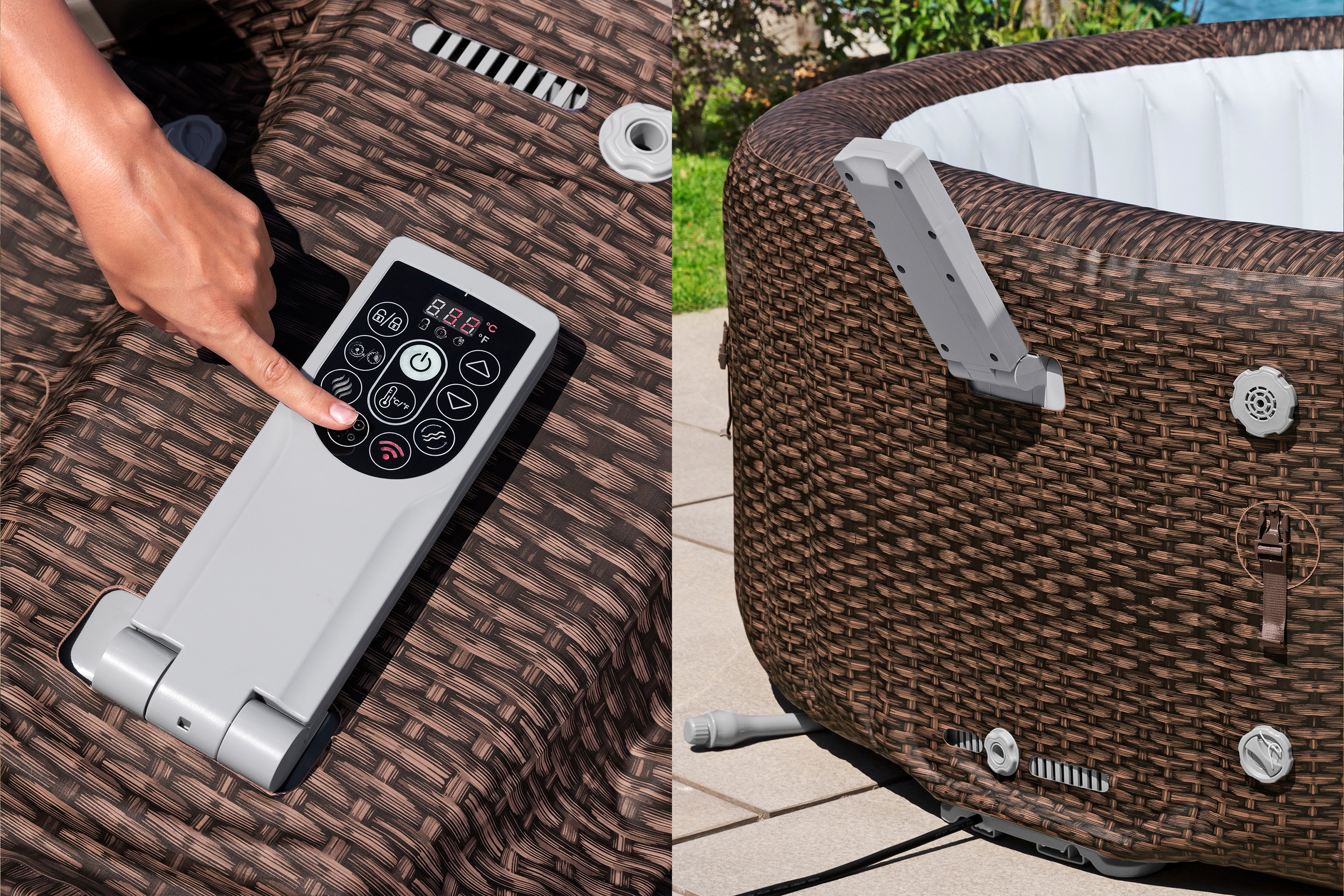 LAY-Z-SPA® Energiespar Whirlpool Bali AirJet™ mit App-Steuerung, für 7 Personen, Ø 216 x 71 cm, Rattan-Optik (Schokobraun)