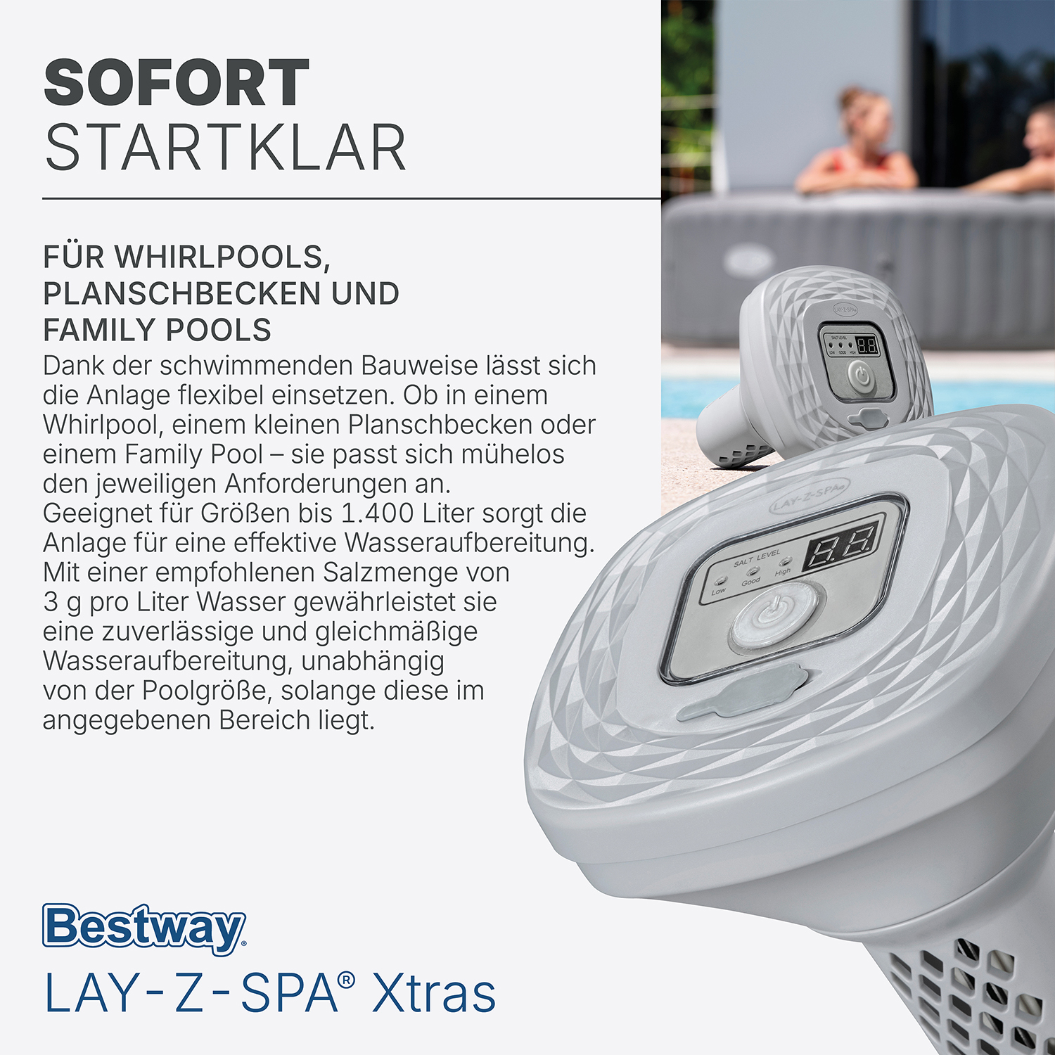 LAY-Z-SPA® Xtras schwimmende, akkubetriebene Salzwasseranlage 0,5 g/ h LAY-Z-SPA® Xtras schwimmende, akkubetriebene Salzwasseranlage 0,5 g/ h
