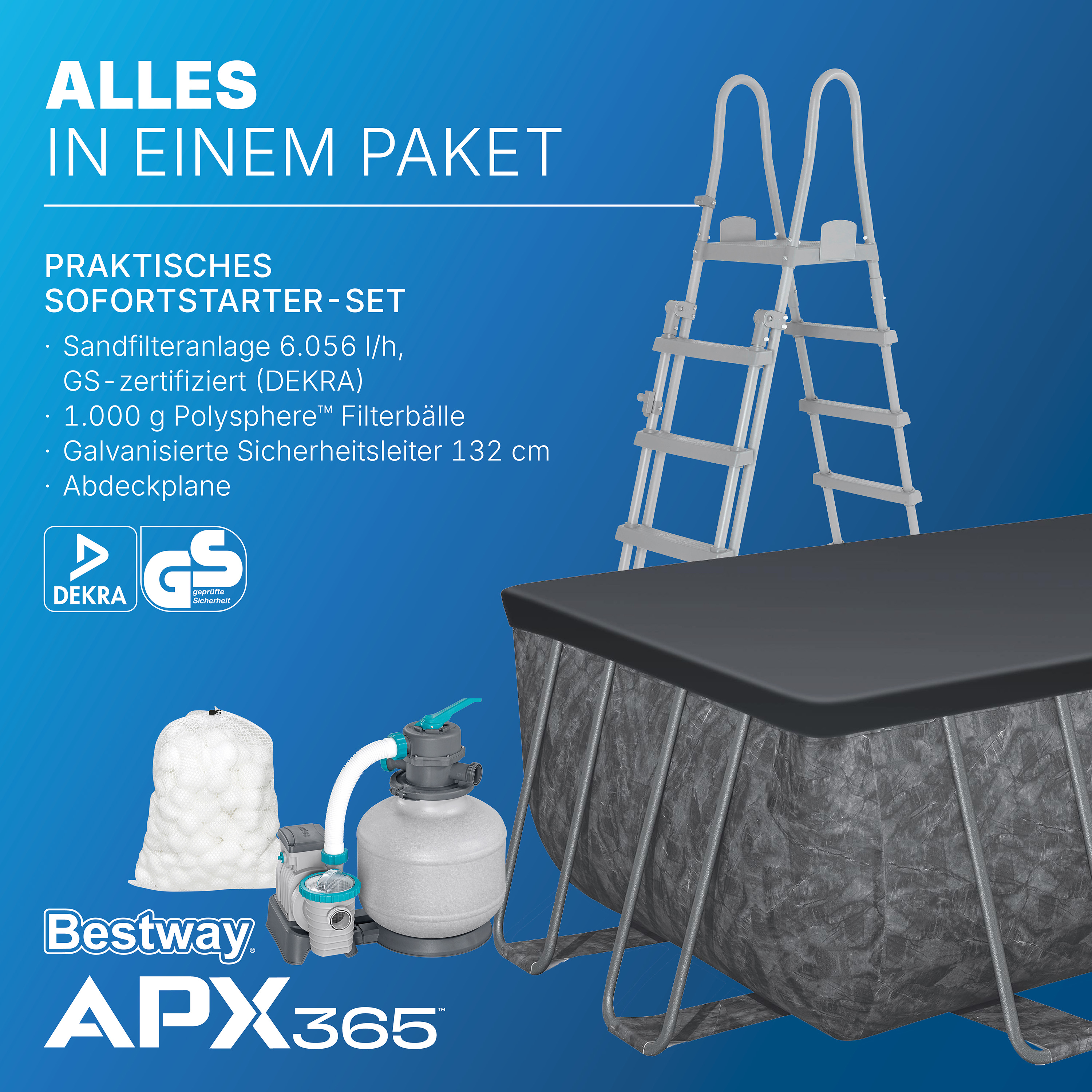 APX365™ Winterfestes Frame Pool Komplett Set mit Sandfilteranlage 549 x 274 x 132 cm, Marmor-Optik (Dunkel), eckig