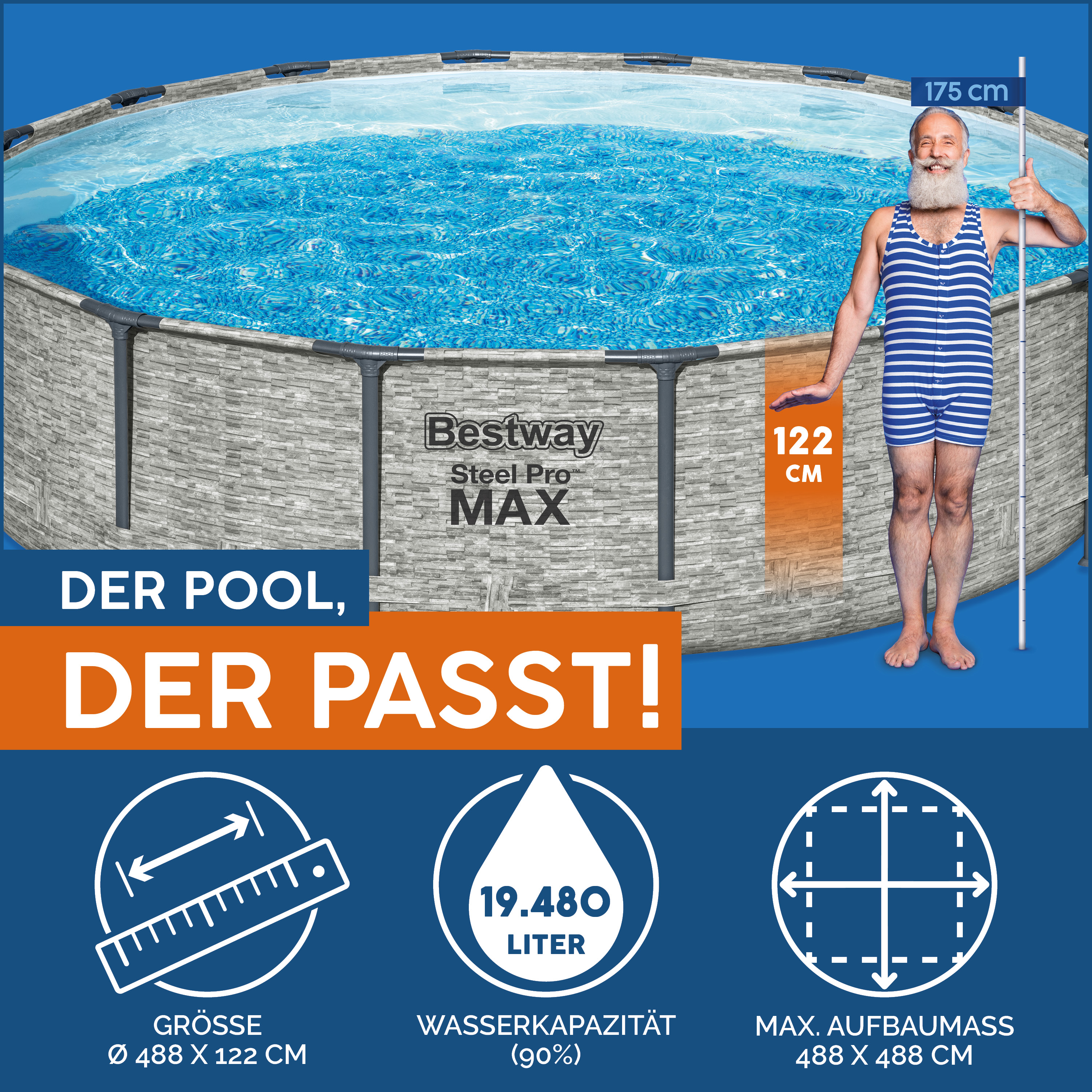 Steel Pro MAX™ Solo Pool ohne Zubehör Ø 488 x 122 cm, Steinwand-Optik (Cremegrau), rund