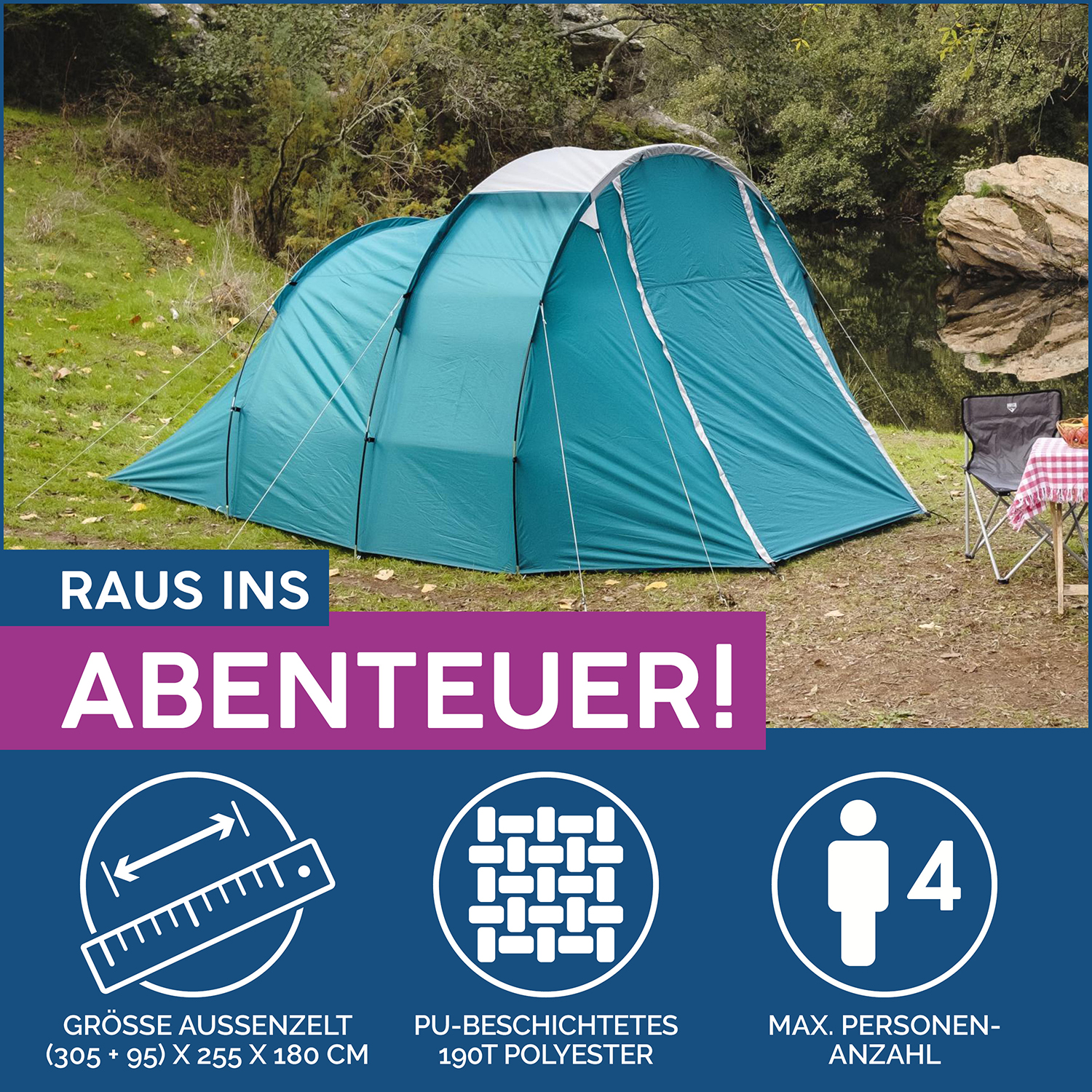 Pavillo™ (10'+37")x8'4"x71"/(3.05m+95cm)X2.55mX1.80m Family Dome 4 Tent
