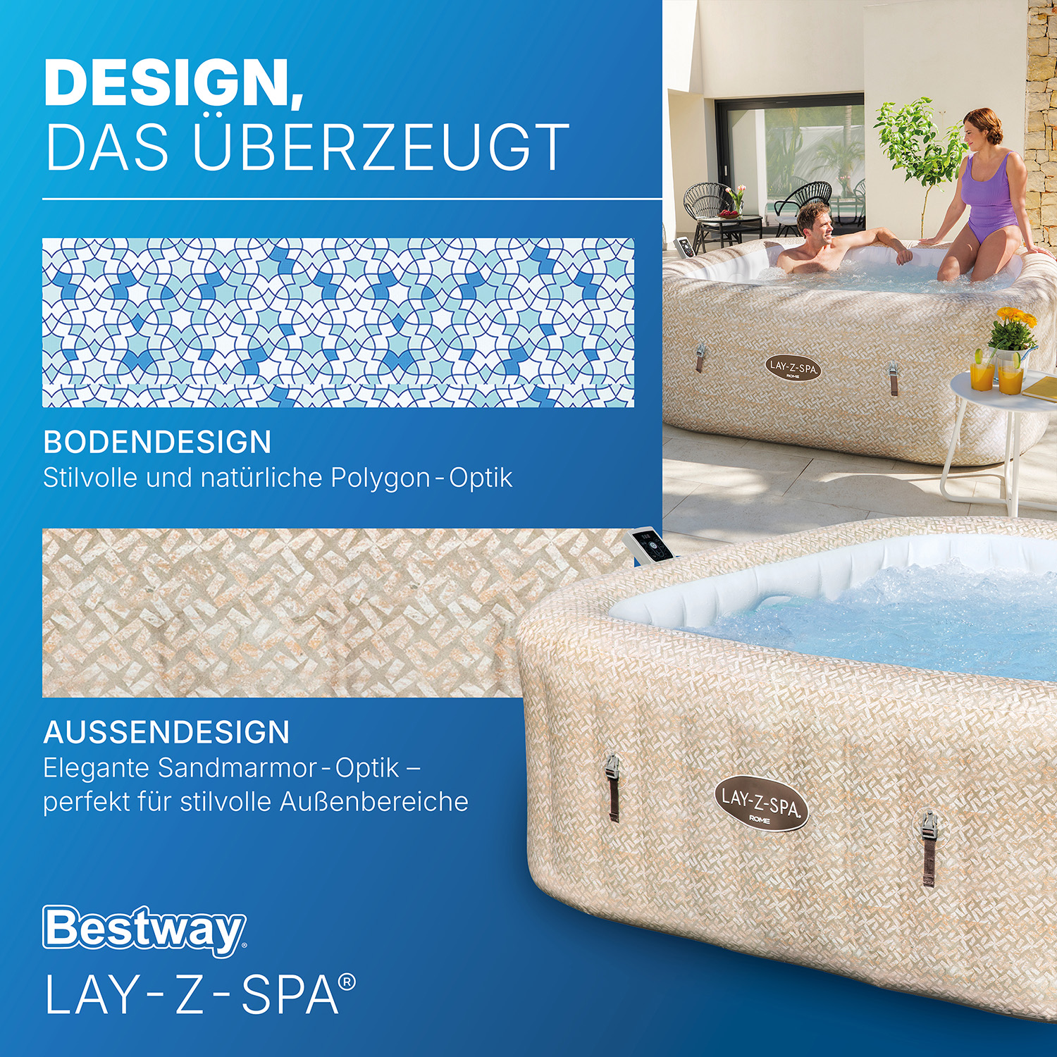 LAY-Z-SPA® Energiespar Whirlpool Rome AirJet™ mit App-Steuerung, für 7 Pers. 201 x 201 x 71 cm, Sandmarmor-Optik