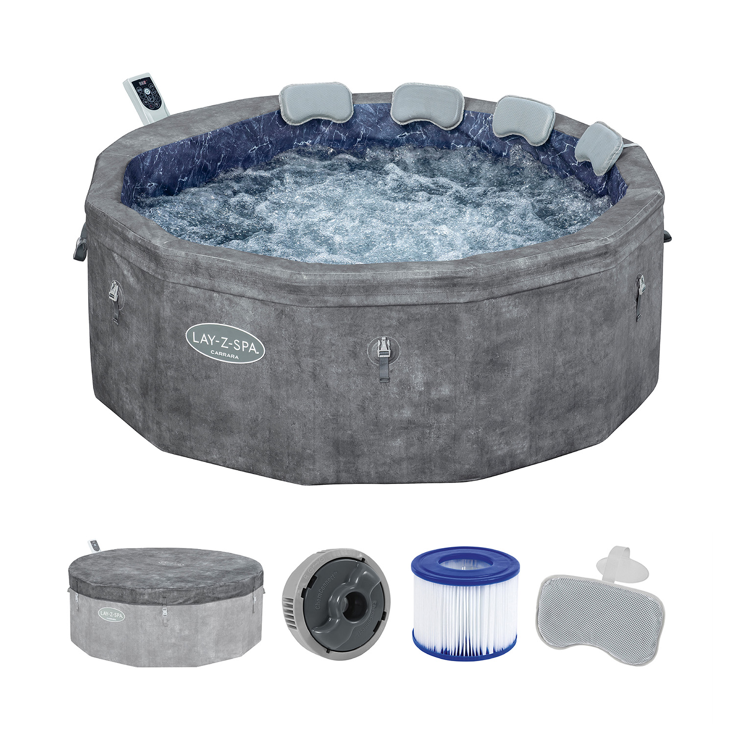 LAY-Z-SPA® Energiespar Whirlpool Carrara AirJet™ mit App-Steuerung, für 6 Personen, Ø 170 x 65 cm, Alabaster-Optik