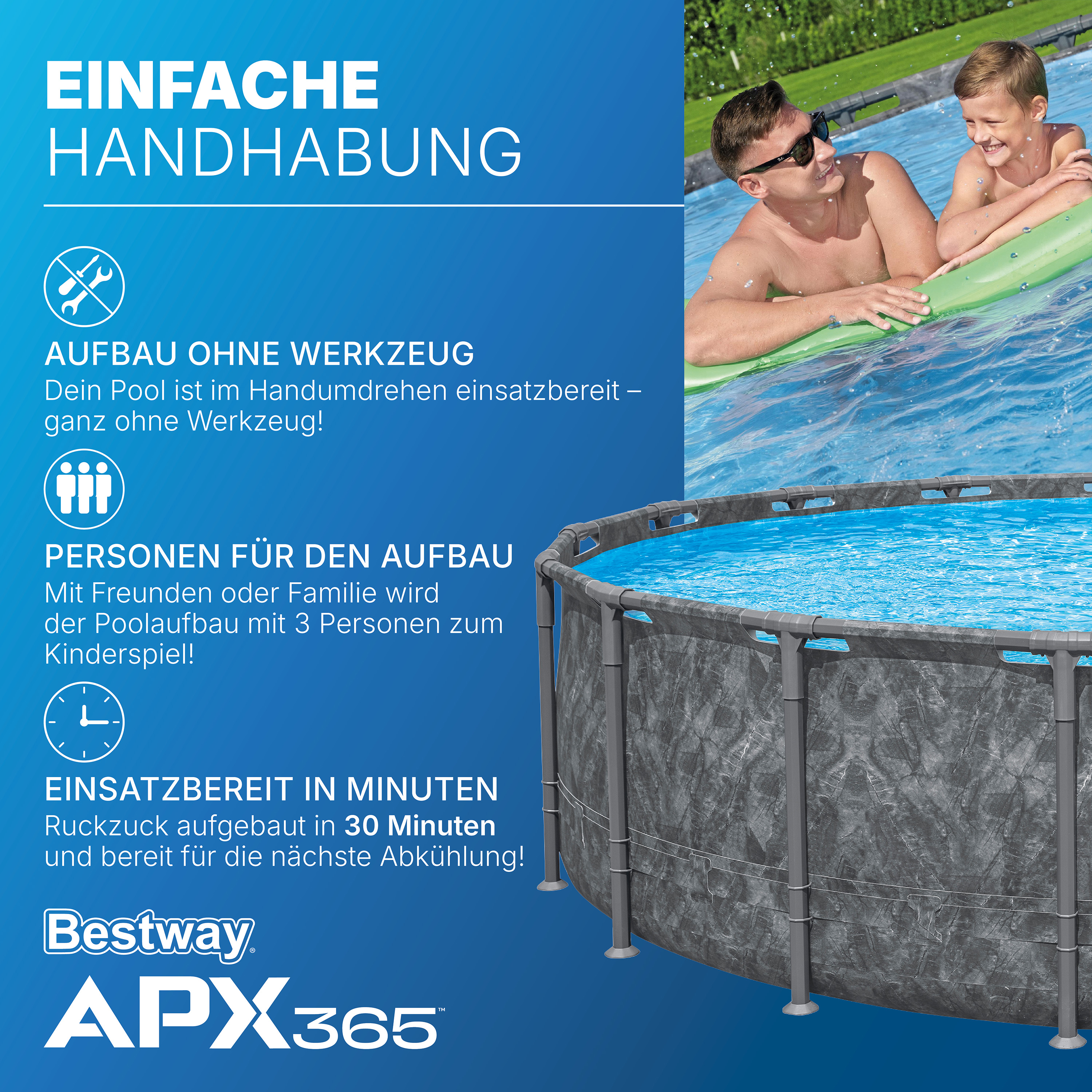 APX365™ Winterfestes Frame Pool Komplett Set mit Sandfilteranlage Ø 549 x 132 cm, Marmor-Optik (Dunkel), rund