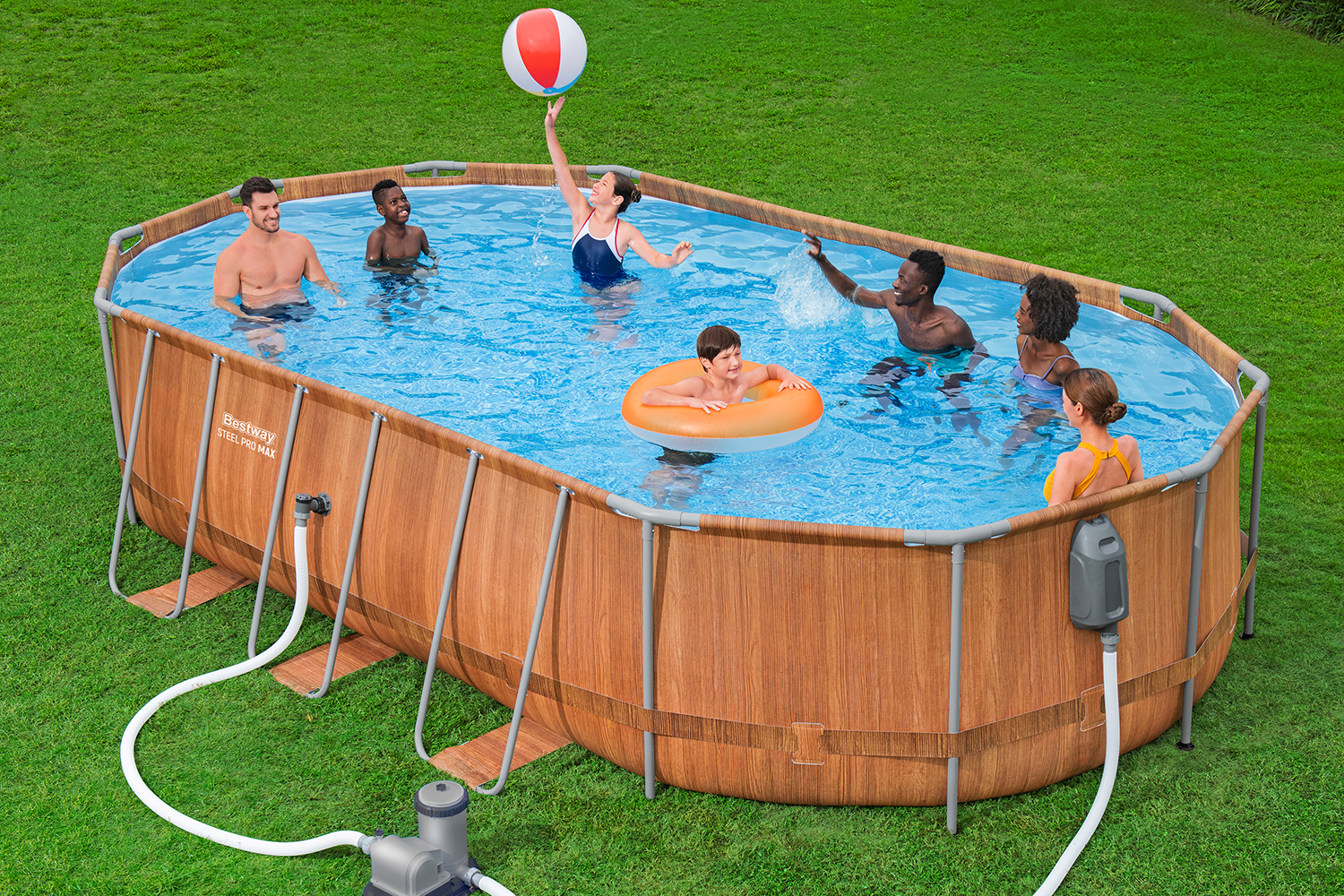 Steel Pro MAX™ Comfort Jet Series™ Frame Pool Set mit Filterpumpe 610 x 366 x 122 cm, Holz-Optik (Pinie), oval