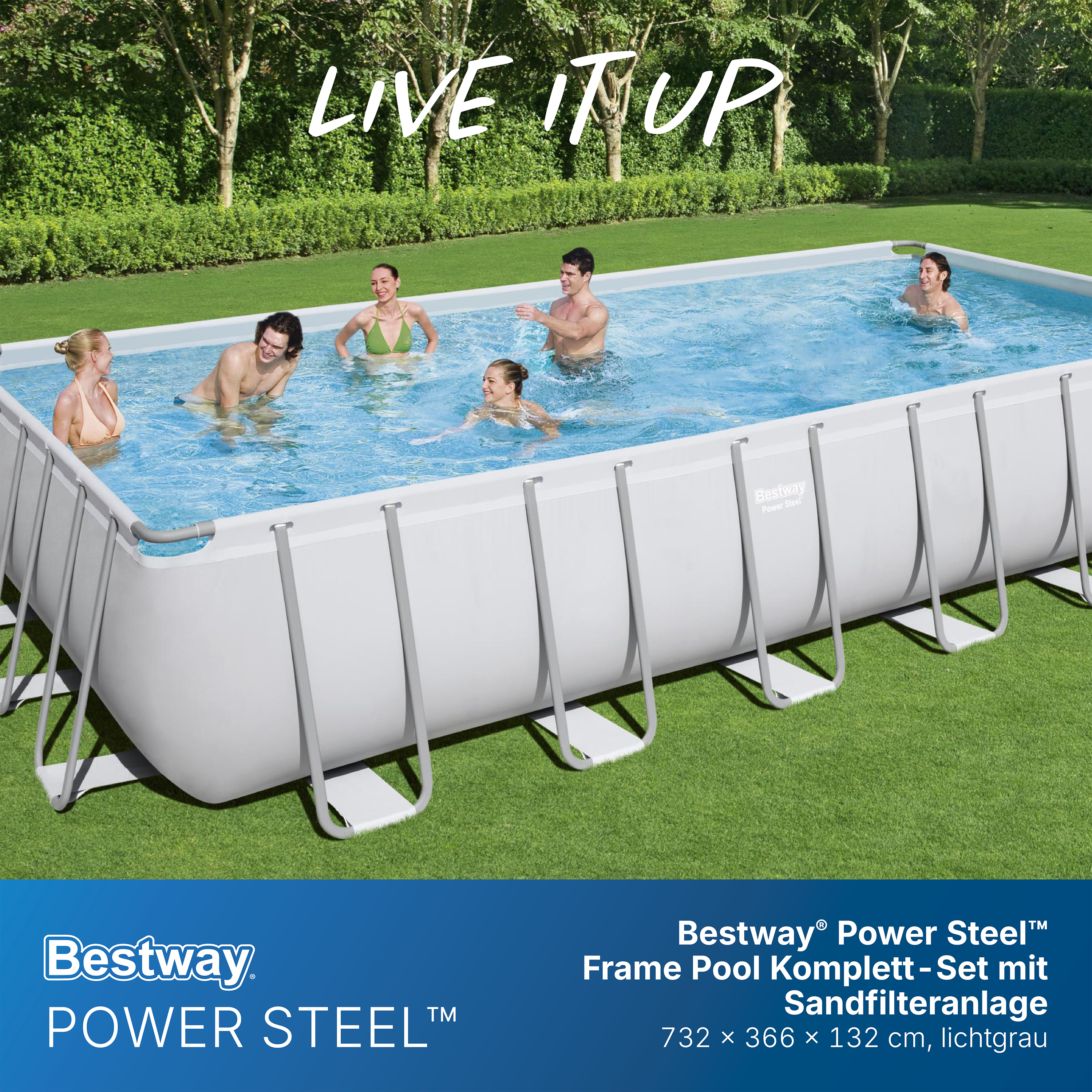 Power Steel™ Frame Pool Komplett-Set mit Sandfilteranlage 732 x 366 x 132 cm, lichtgrau, eckig