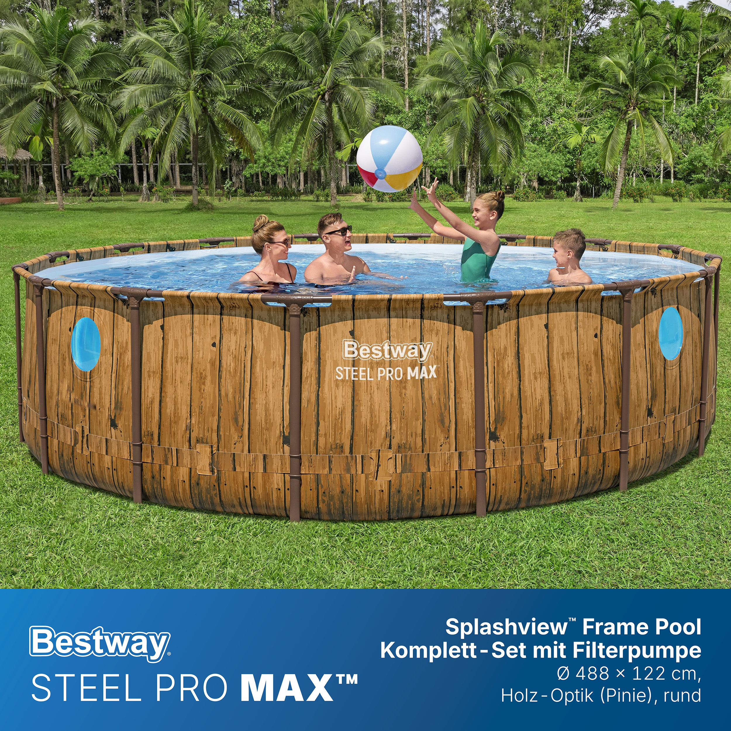 Steel Pro MAX™ Splashview™ Frame Pool Komplett Set mit Filterpumpe Ø 488 x 122 cm, Holz-Optik (Pinie), rund