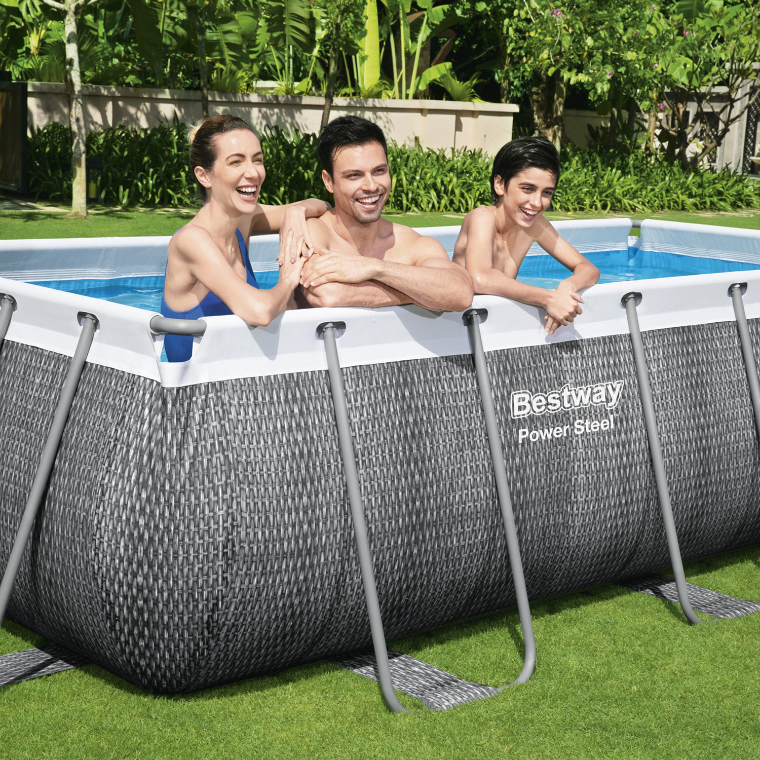 Power Steel™ Frame Pool Komplett Set mit Filterpumpe 488 x 244 x 122 cm, Rattan-Optik (Schiefergrau), eckig