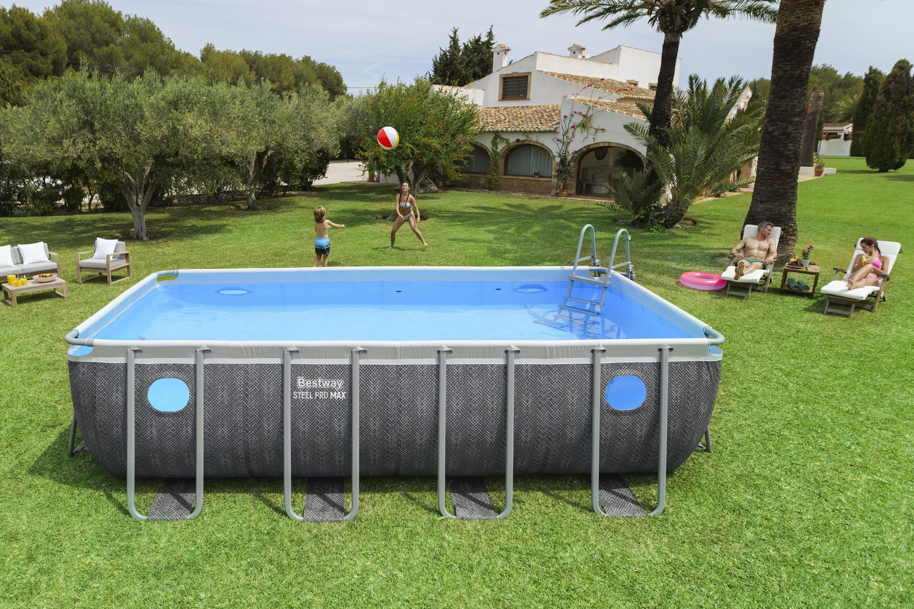 Steel Pro MAX™ Splashview™ Frame Pool Komplett Set mit Filterpumpe  488 x 244 x 122 cm, Rattan-Optik (Schiefergrau), eckig