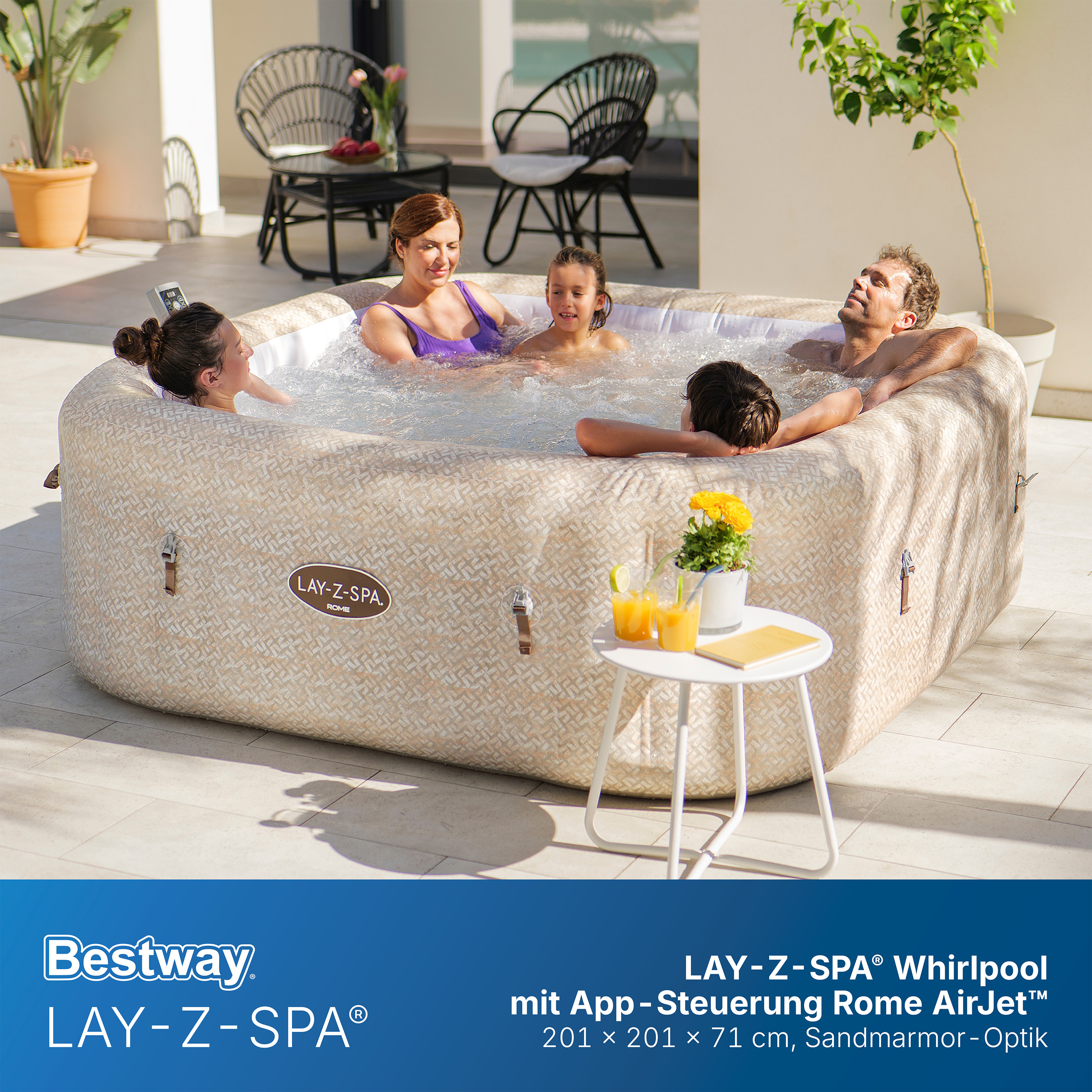 LAY-Z-SPA® WLAN-Whirlpool Rome AirJet™ mit App-Steuerung, für 7 Pers. 201 x 201 x 71 cm, Sandmarmor-Optik