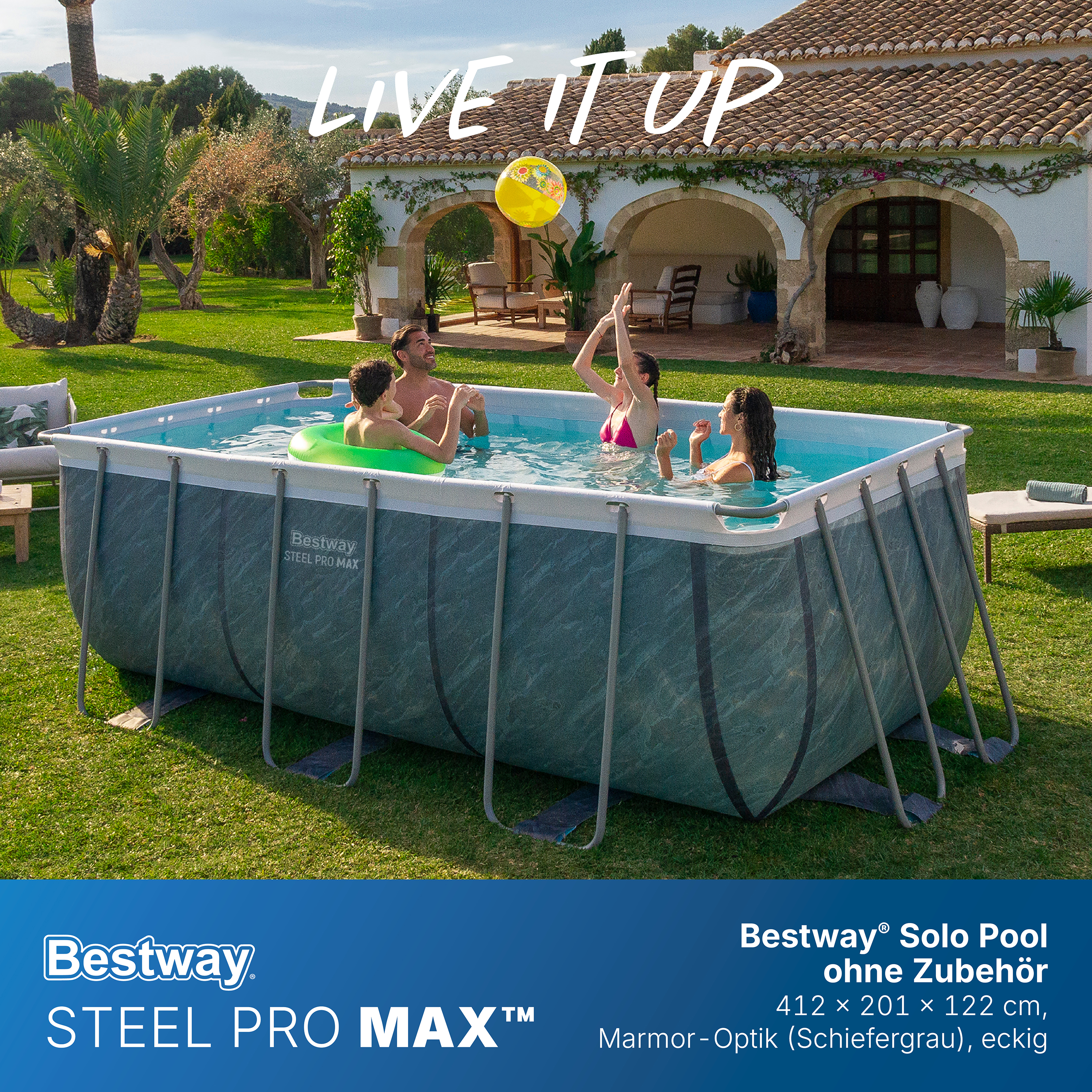 Steel Pro MAX™ Solo Pool ohne Zubehör 412 x 201 x 122 cm, Marmor-Optik (Schiefergrau), eckig