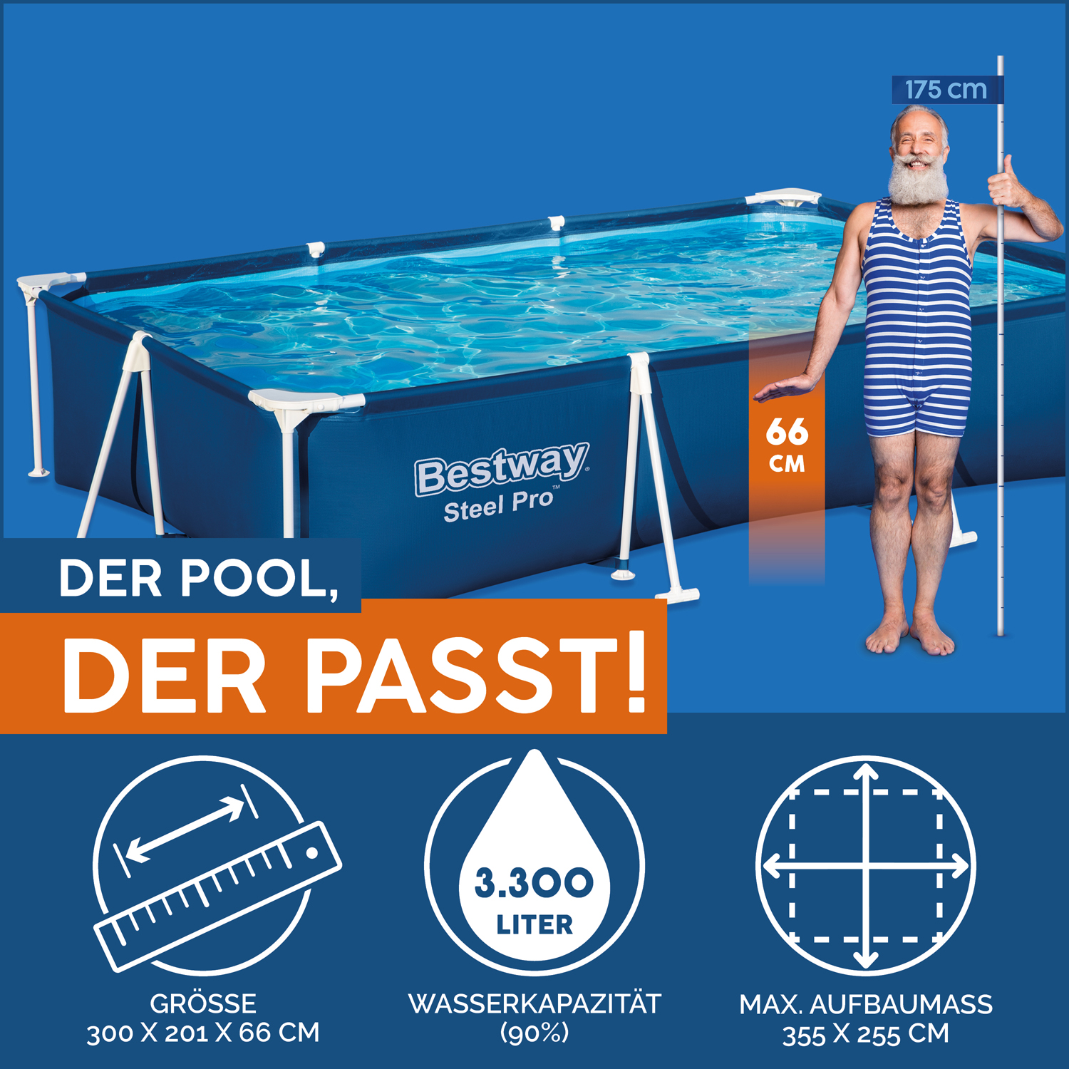 Steel Pro™ Frame Pool Set mit Filterpumpe 300 x 201 x 66 cm, dunkelblau, eckig