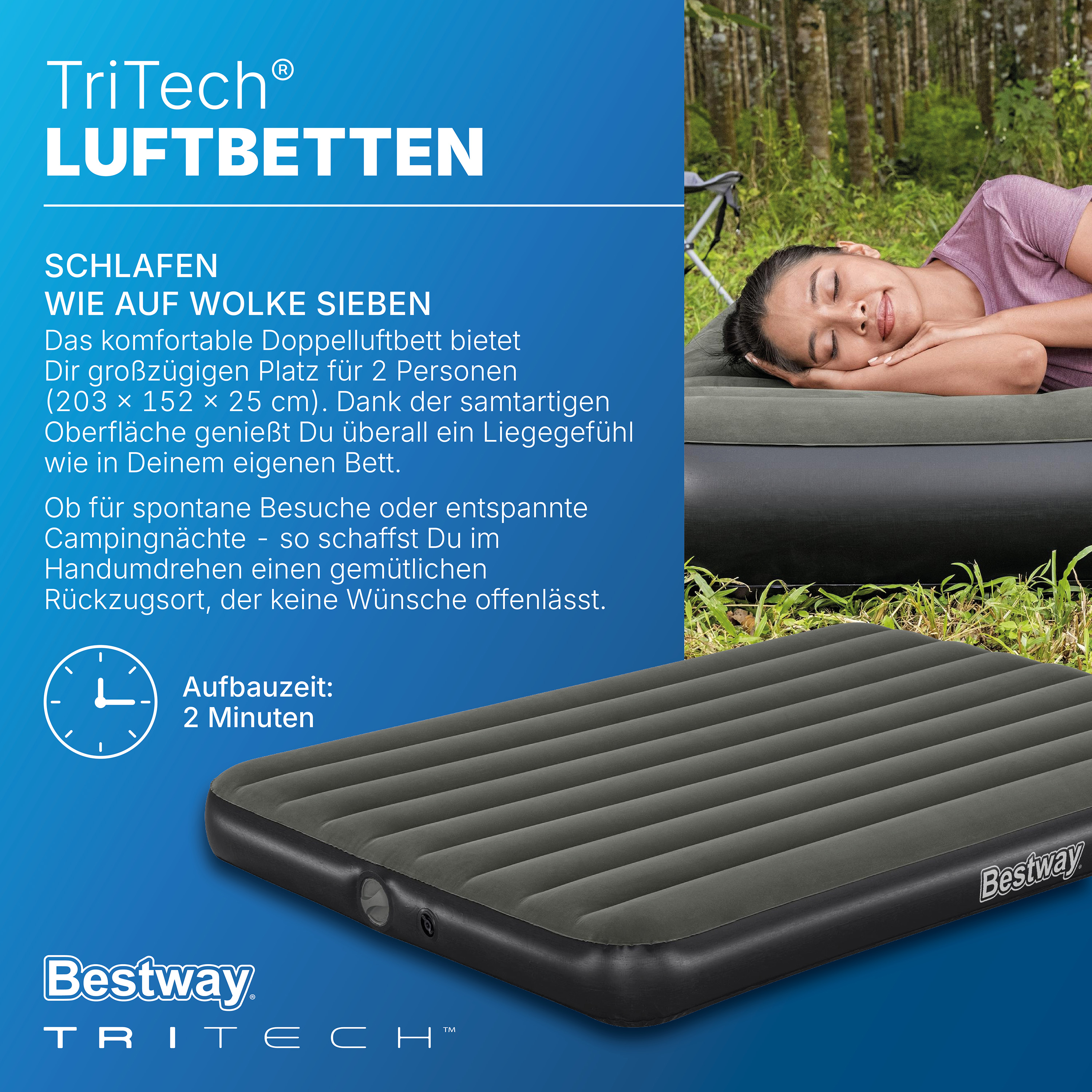 TriTech® Doppelluftbett mit mobiler, akkubetriebener Elektropumpe 203 x 152 x 25 cm