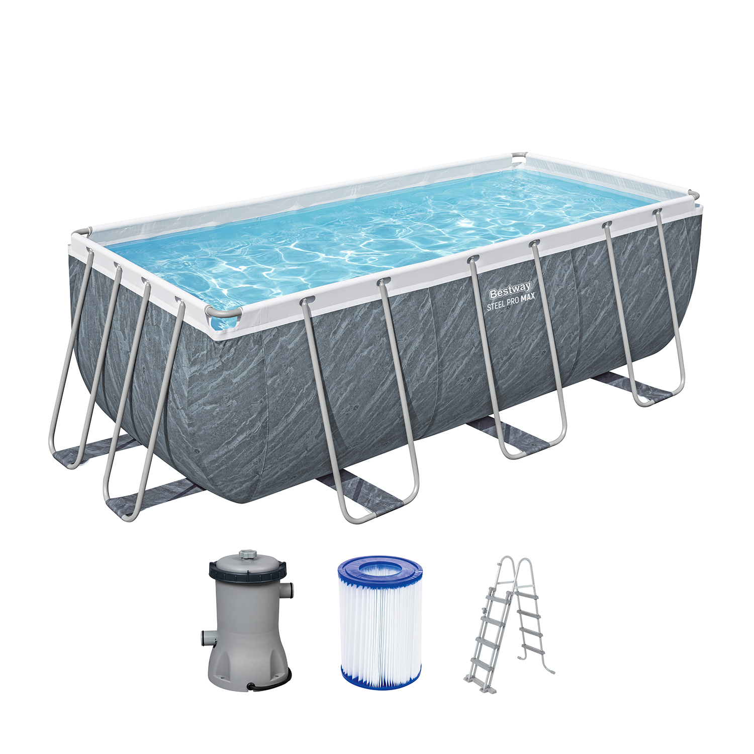 Steel Pro MAX™ Frame Pool Set mit Filterpumpe 412 x 201 x 122 cm, Marmor-Optik (Schiefergrau), eckig