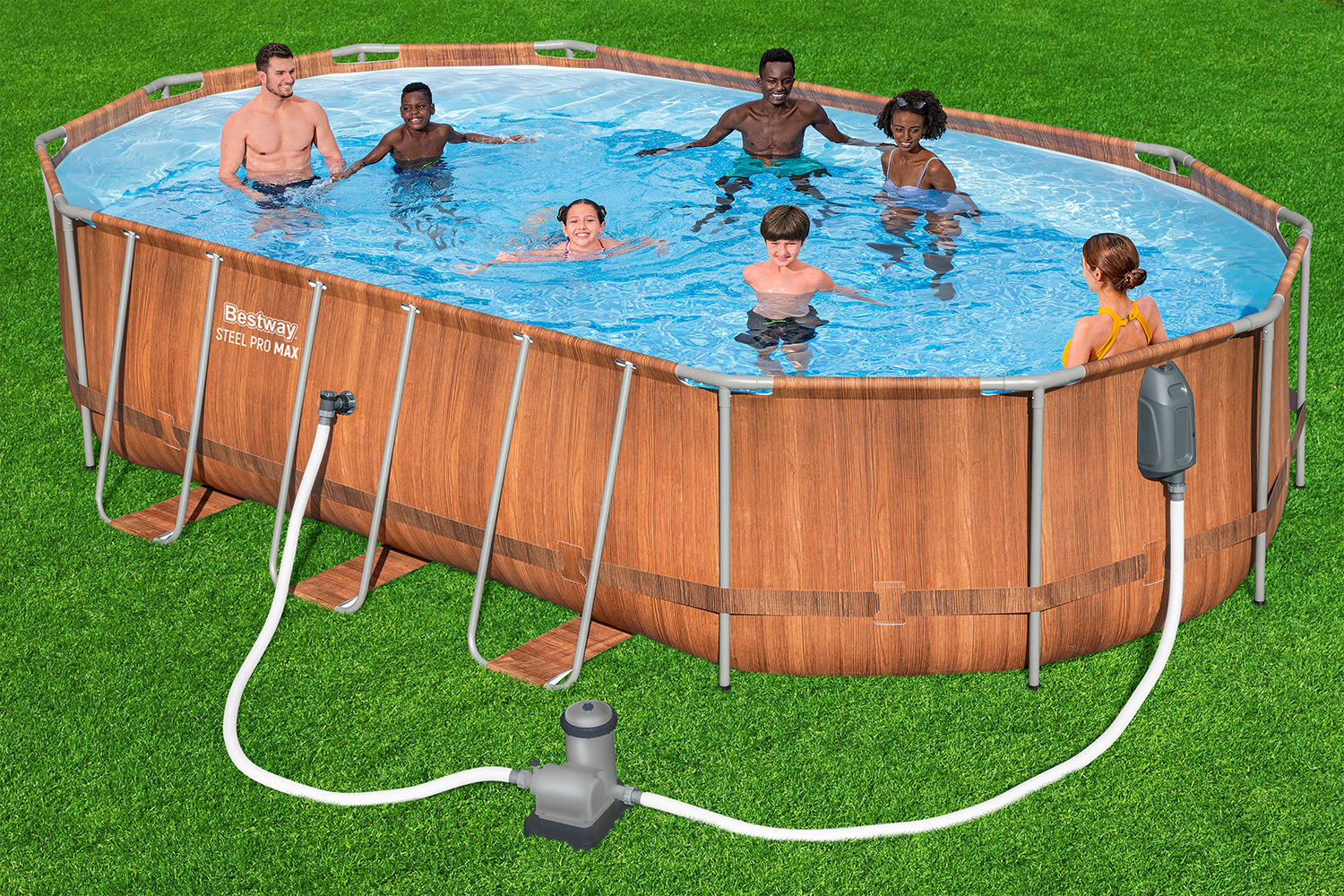 Steel Pro MAX™ Comfort Jet Series™ Frame Pool Set mit Filterpumpe 610 x 366 x 122 cm, Holz-Optik (Pinie), oval